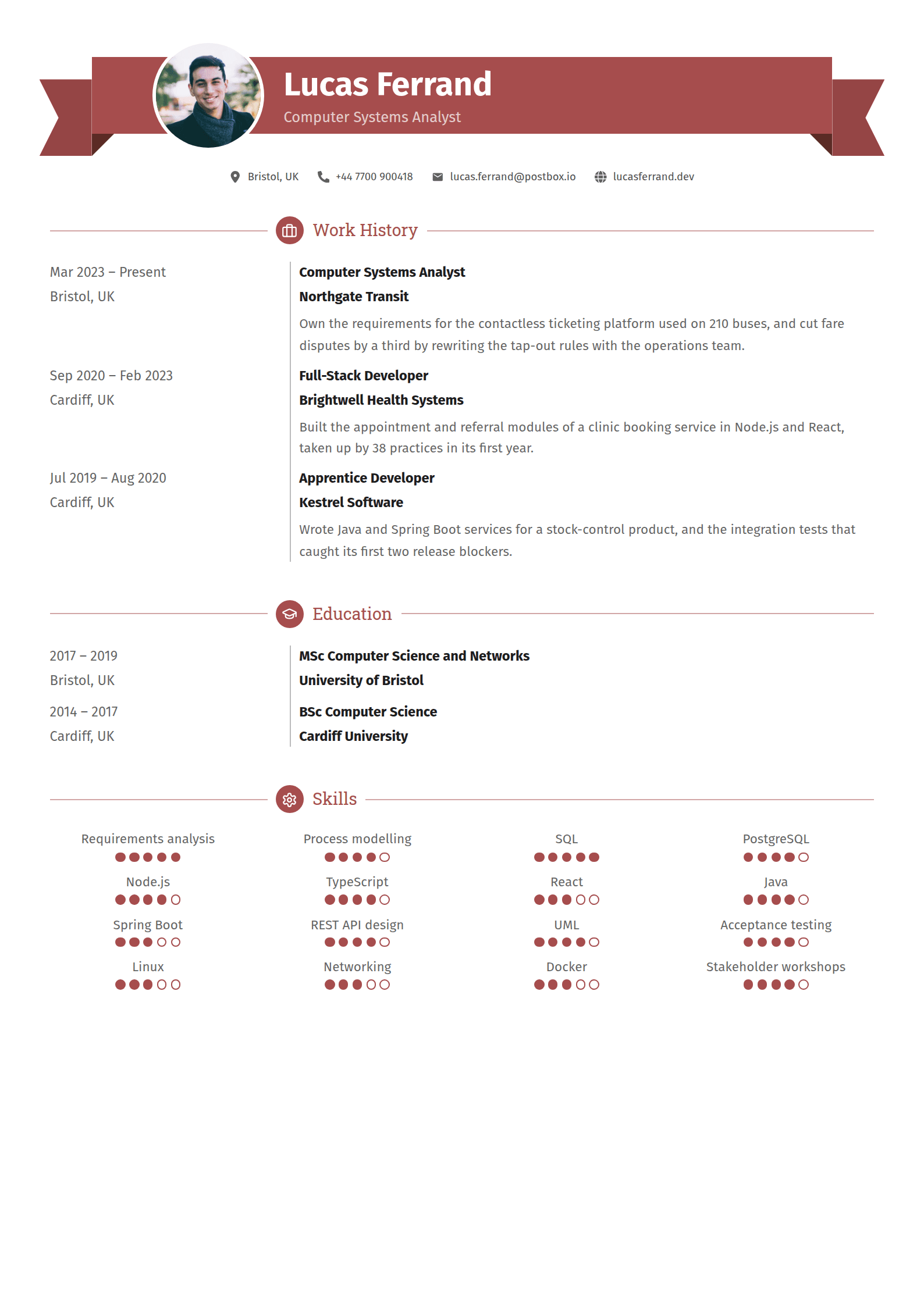 Pennant resume template: A ribbon across the head with folded tails, a round photo on it, and a rule down the margin of every dated entry