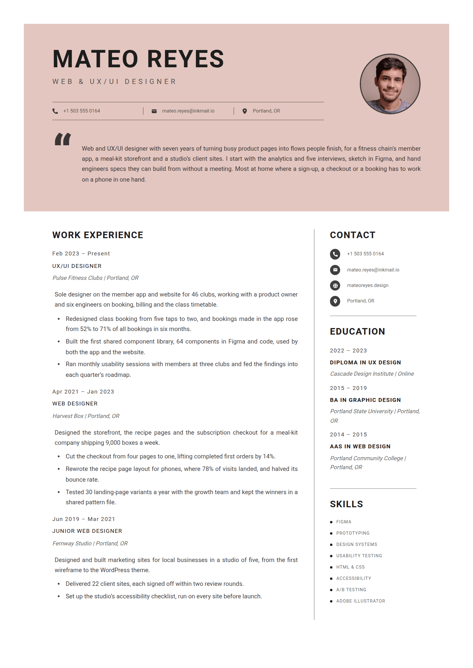 Petal resume template: A blush band set in from the edges of a white page, a ringed round photo, and the profile beside a large opening quotation mark