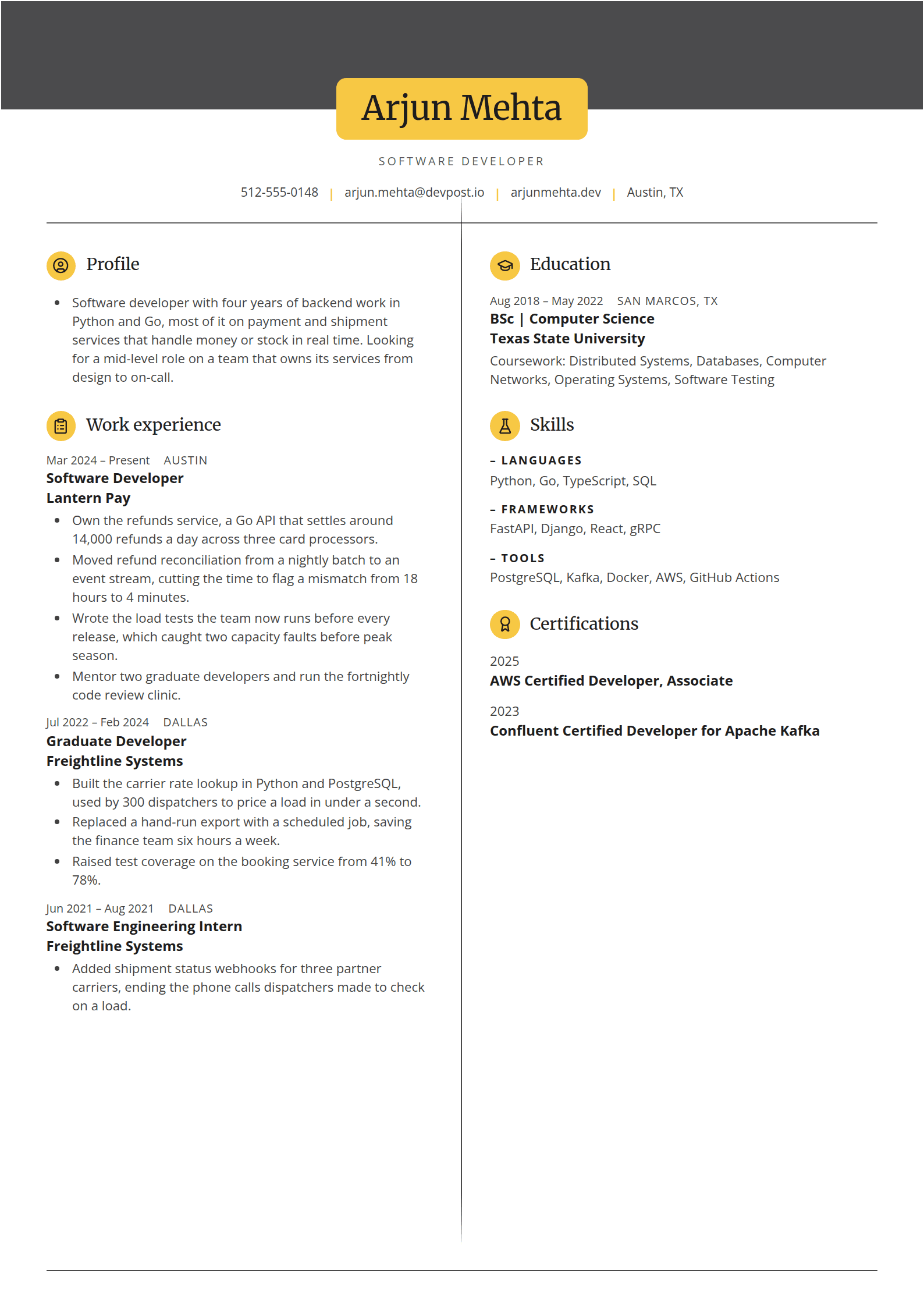 Placard resume template: A charcoal band across the head of the page with the name on a yellow plate, yellow icon discs and two ruled columns