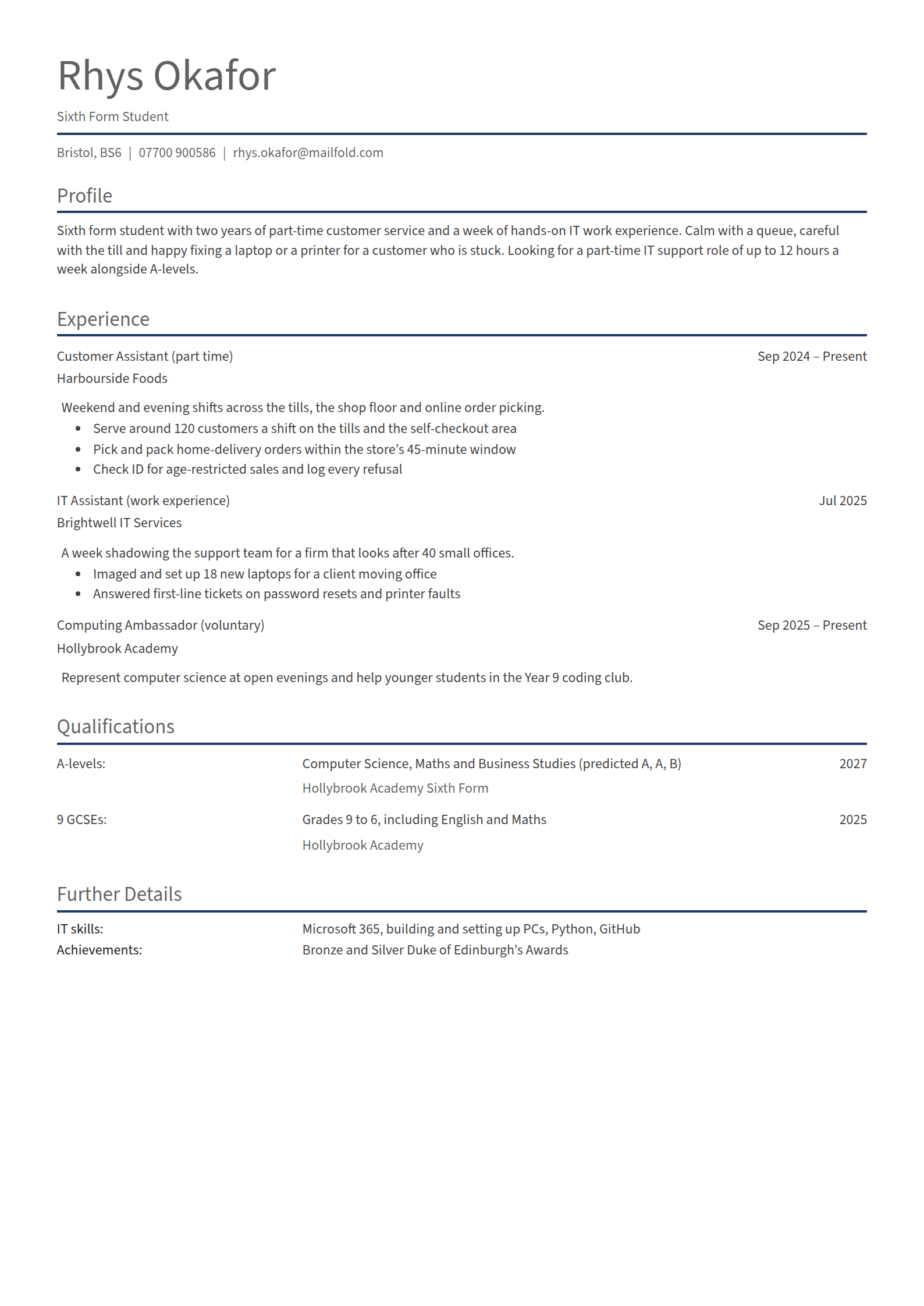 Prefect resume template: A large grey name over a navy rule, grey headings over navy rules, and qualifications set out as a three-column table