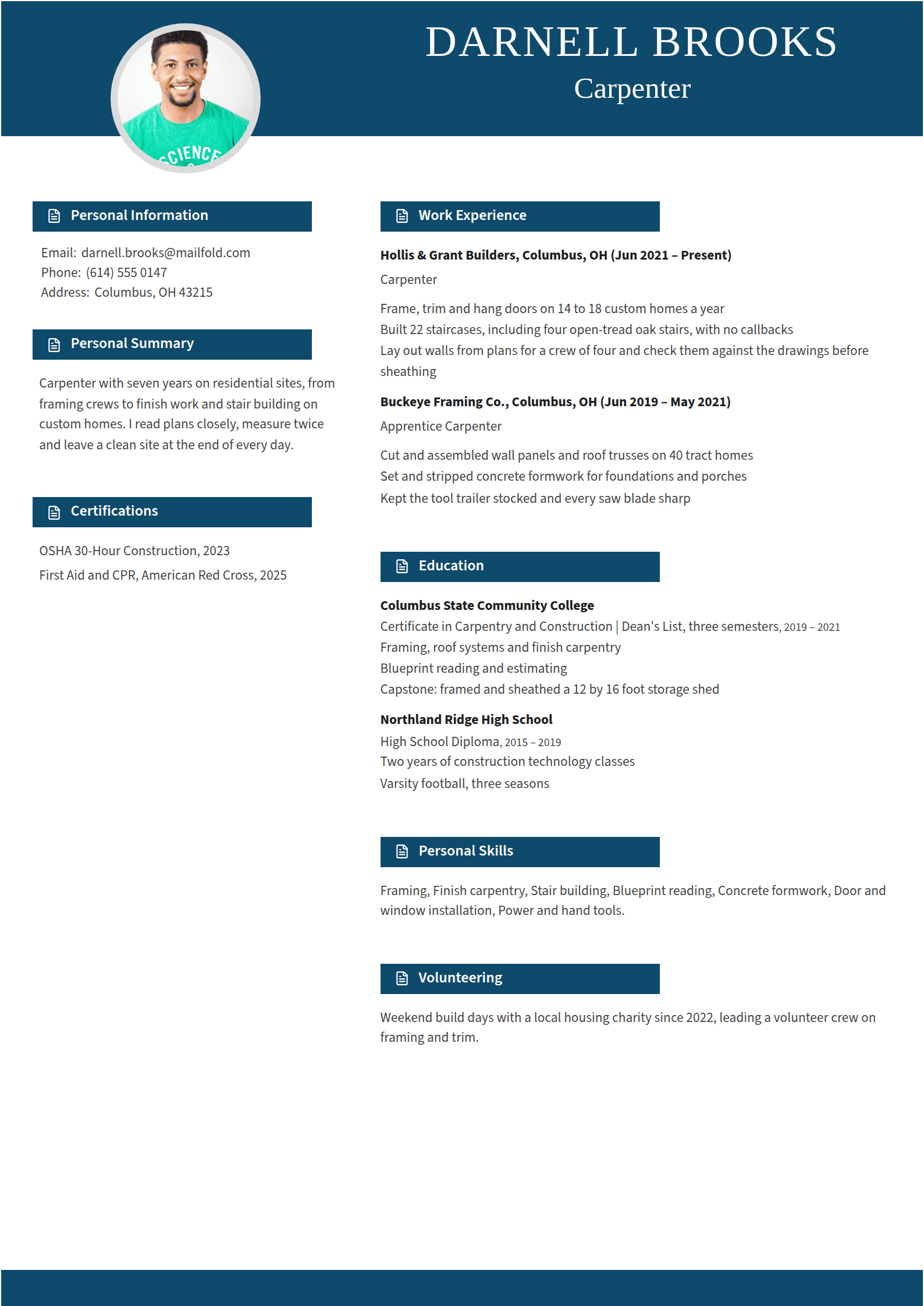Quire resume template: A navy head band with a serif name, a round photo over its edge, navy heading blocks with a document icon and a navy strip at the foot
