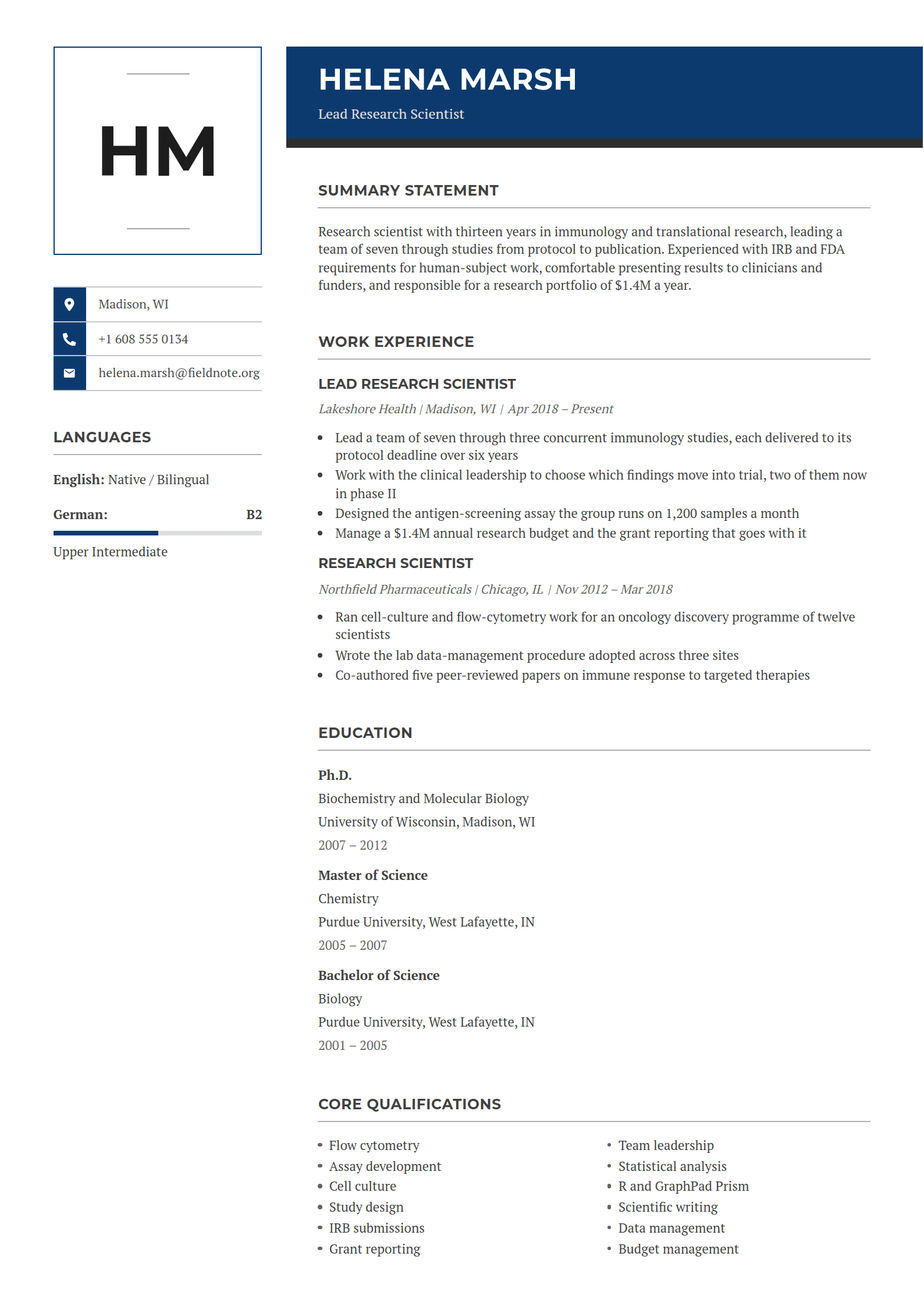 Helena Marsh's Lead Research Scientist resume in the Regent template