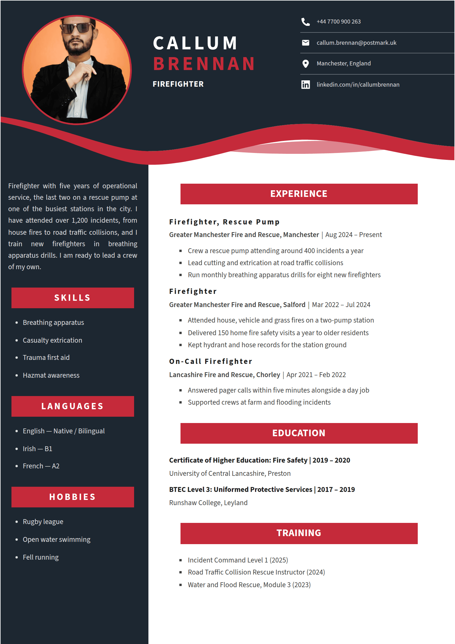 Ripple resume template: A charcoal head band closed by a waving red ribbon, a red-ringed photo and a charcoal column, with red band headings centred in white capitals