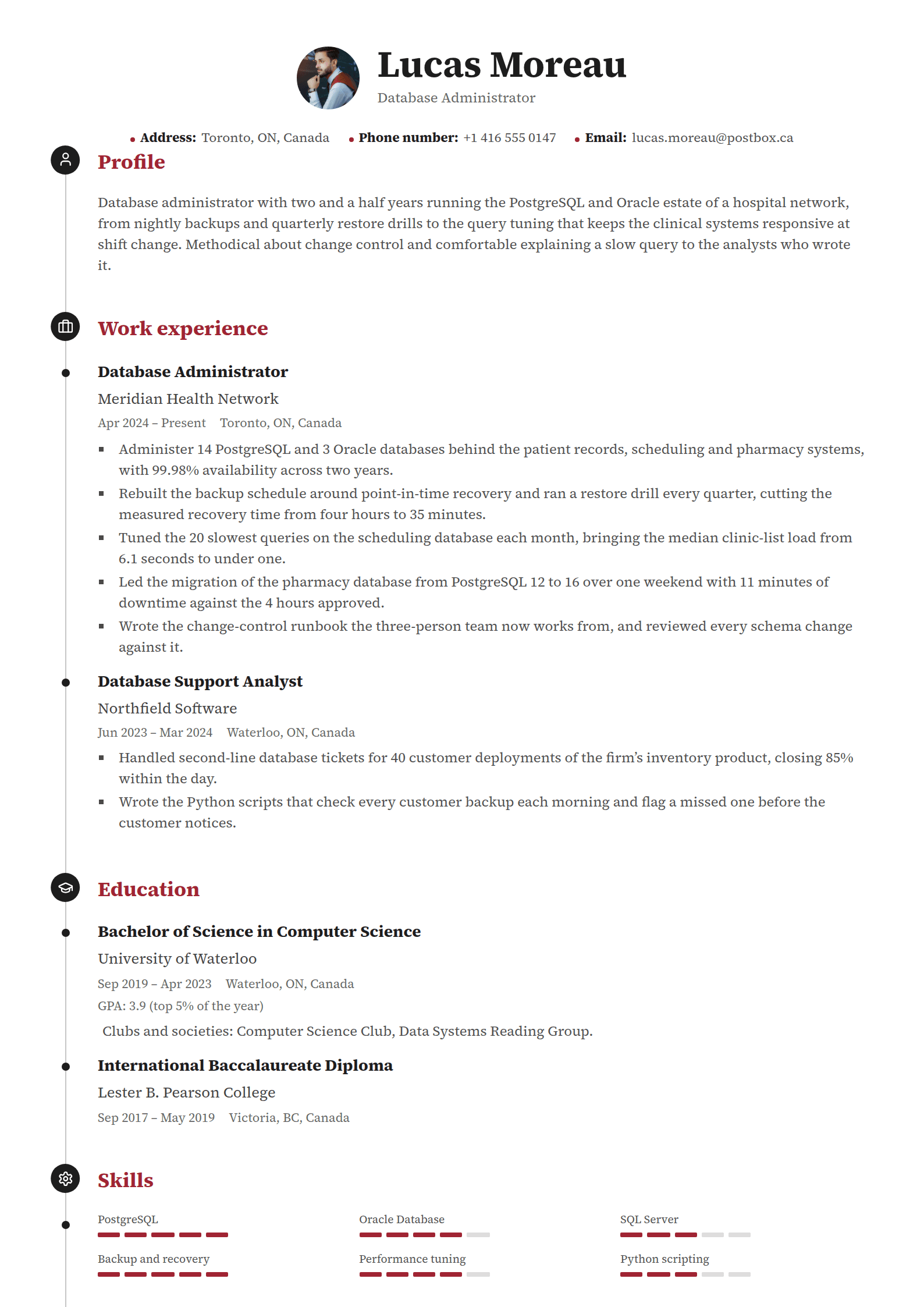 Rivet resume template: One rail down the page, a dark badge at every heading and a disc at every entry