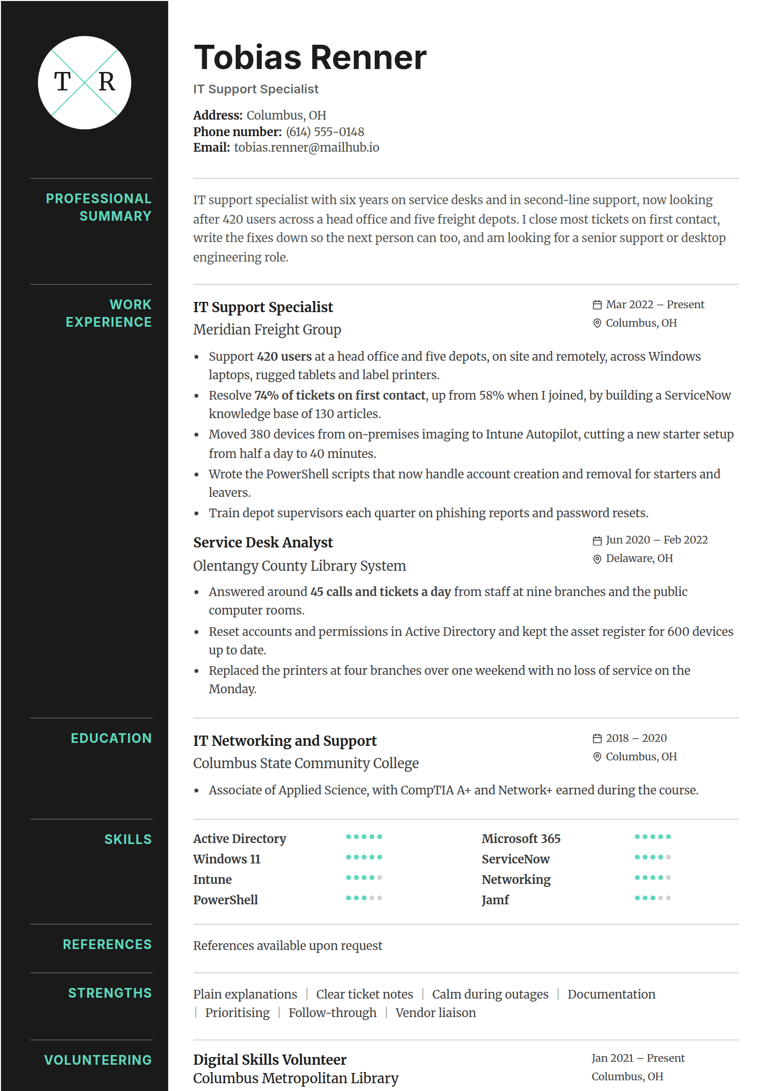 Rook resume template: A near-black column down the left edge carrying every heading in teal capitals, with a crossed monogram at its head