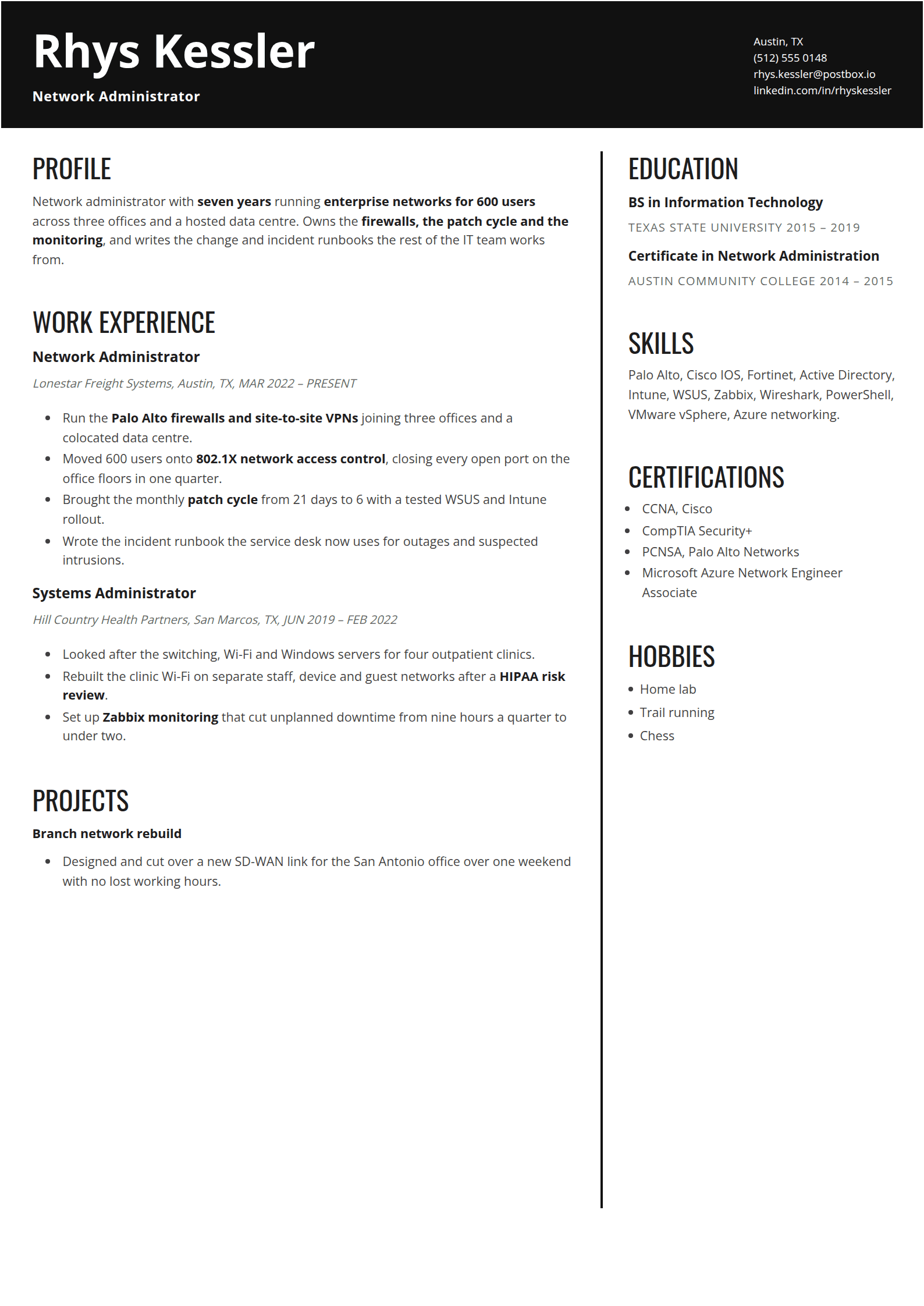 Sable resume template: A solid black band across the head, two columns split by a thick black rule, and headings in large condensed capitals