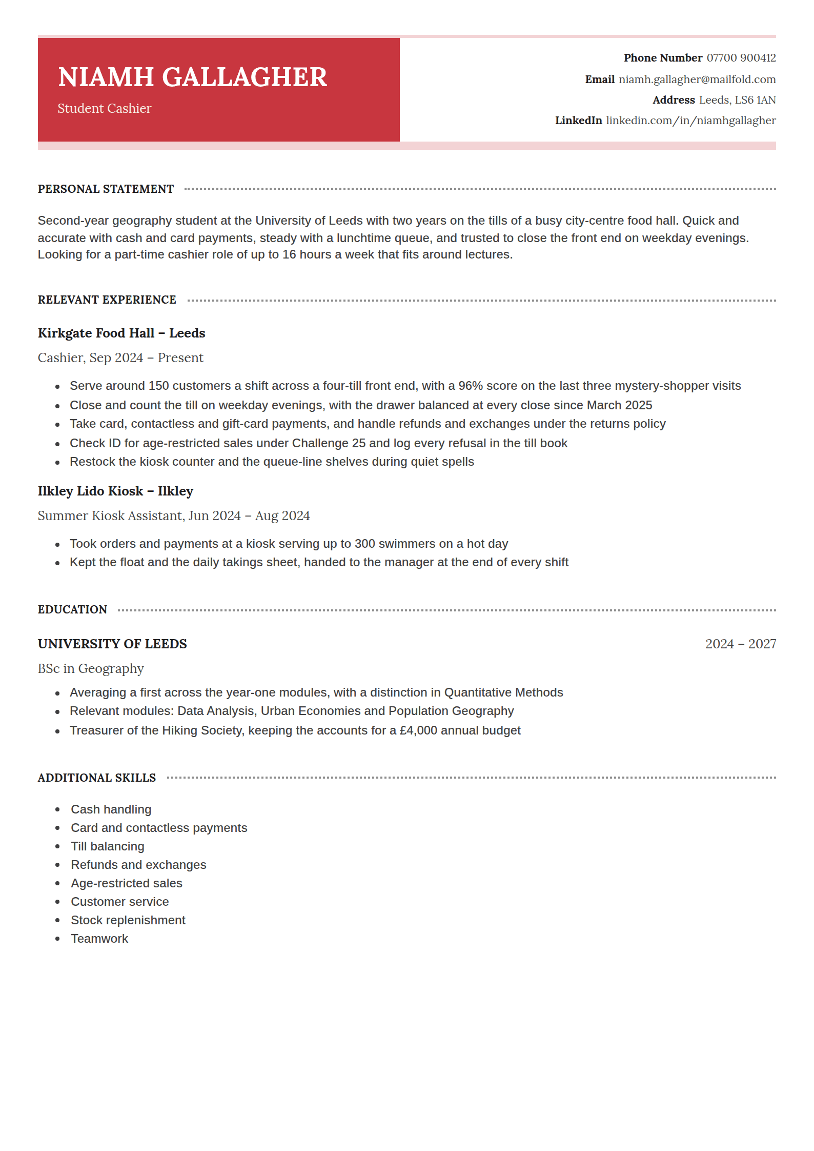 Satchel resume template: A red name block beside labelled contact lines ranged right, over serif headings run out to the margin by dotted leaders