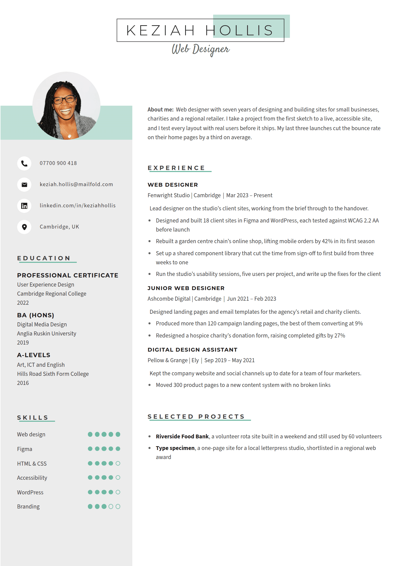 Sprig resume template: Spaced capitals in an outlined name box over a mint block, a script job title, a round photo on a mint band and short mint strokes under every heading