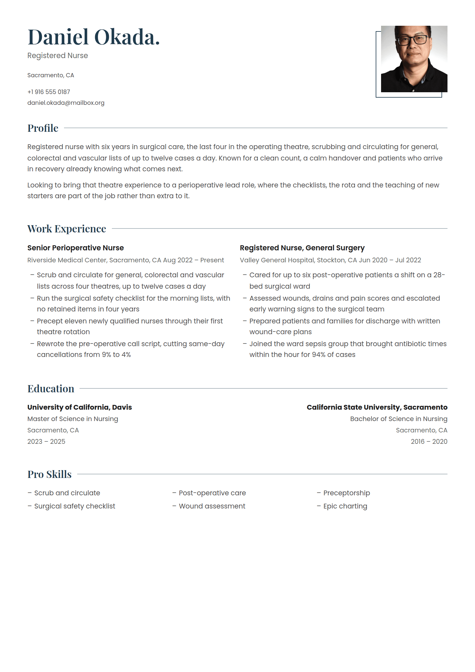 Spruce resume template: A serif name ending on a full stop, a square photo over an offset outline, and headings that run out into a rule
