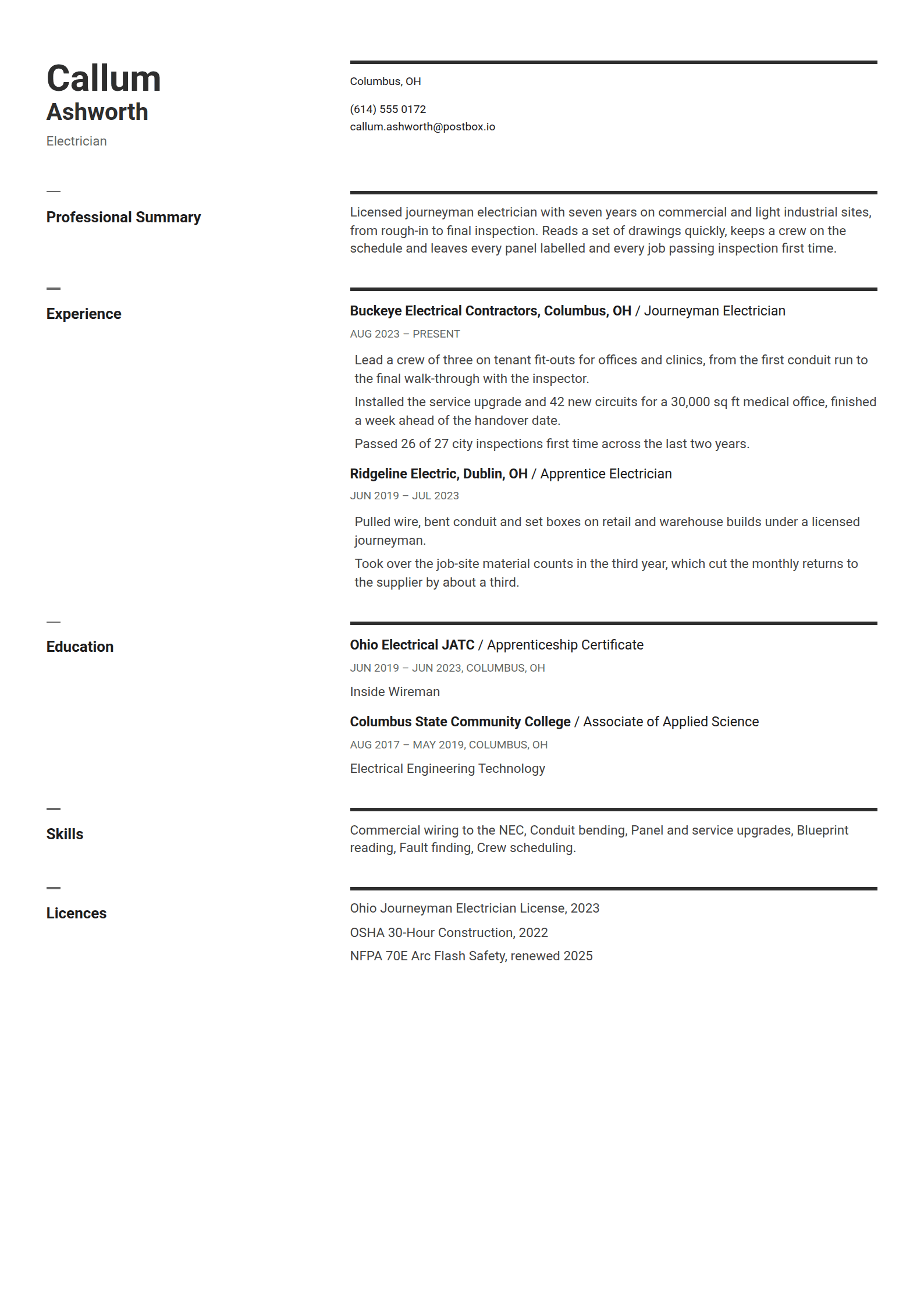 Stave resume template: A plain ruled page with a label in the margin, each hung from a short dash beside a thick rule