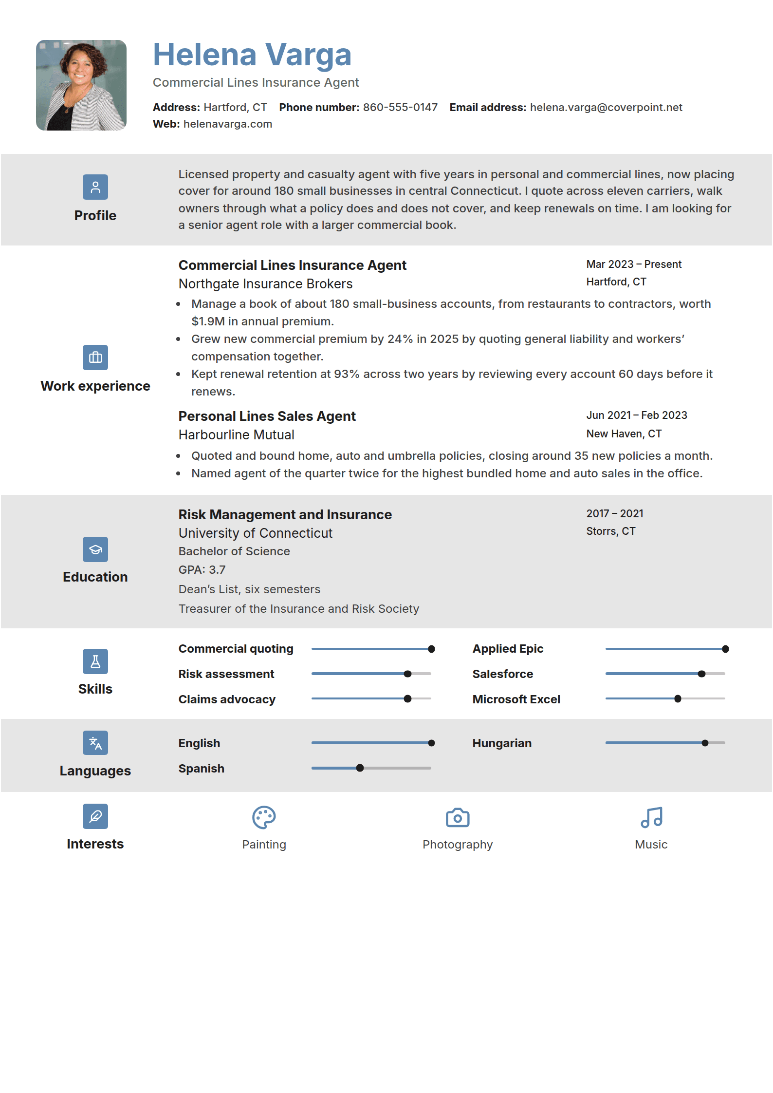 Strata resume template: A one-column resume in full-width grey and white bands, each section headed by a blue icon square over its label in a left margin