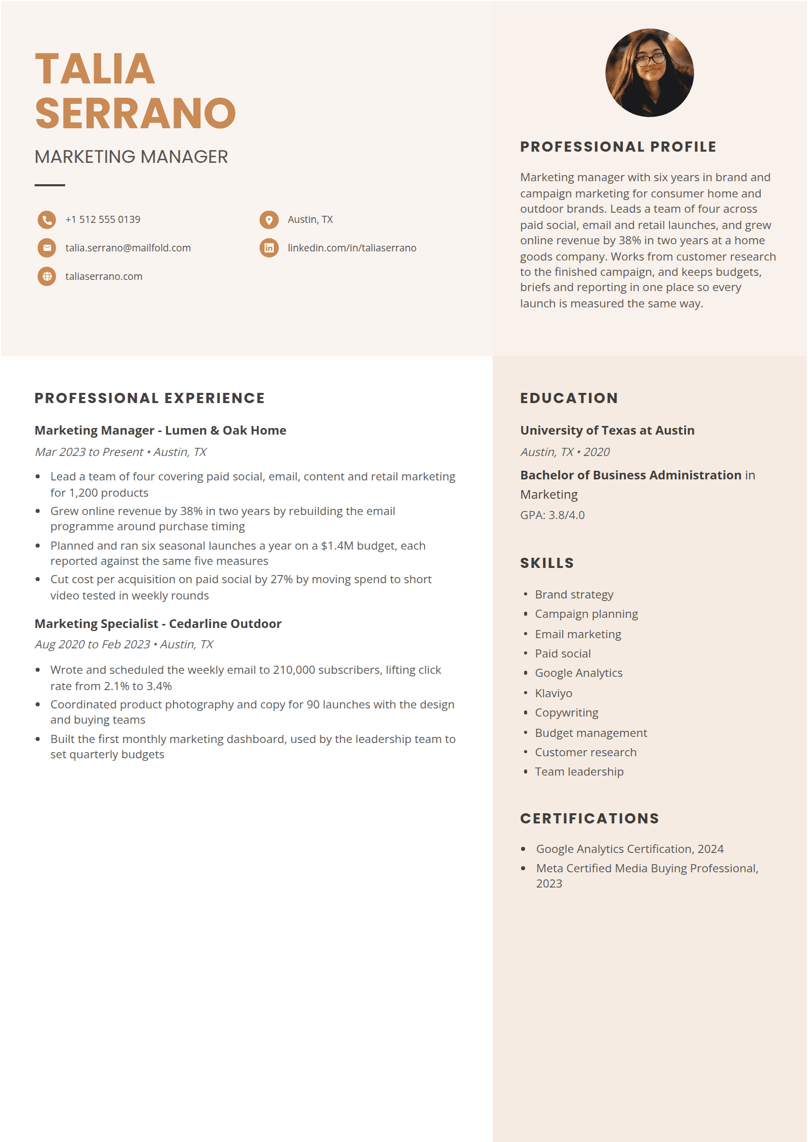 Suede resume template: A page in four warm panels: a cream head with a two-line name and a caramel contact grid, beside a blush column holding a round photo and the profile