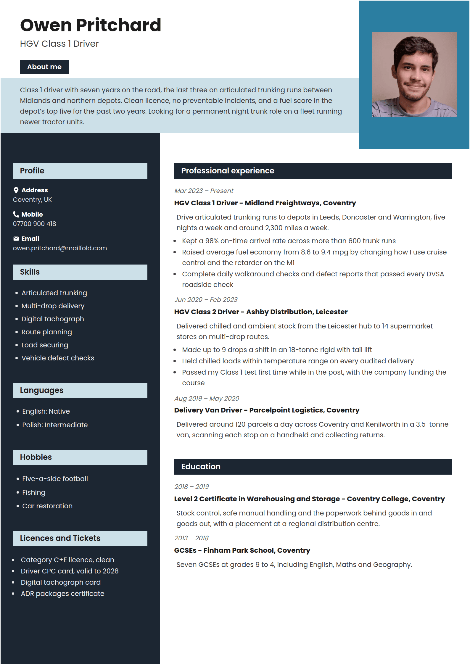 Tarn resume template: A photo in a teal box, a profile on a pale strip, a navy column of labelled details and navy heading bars