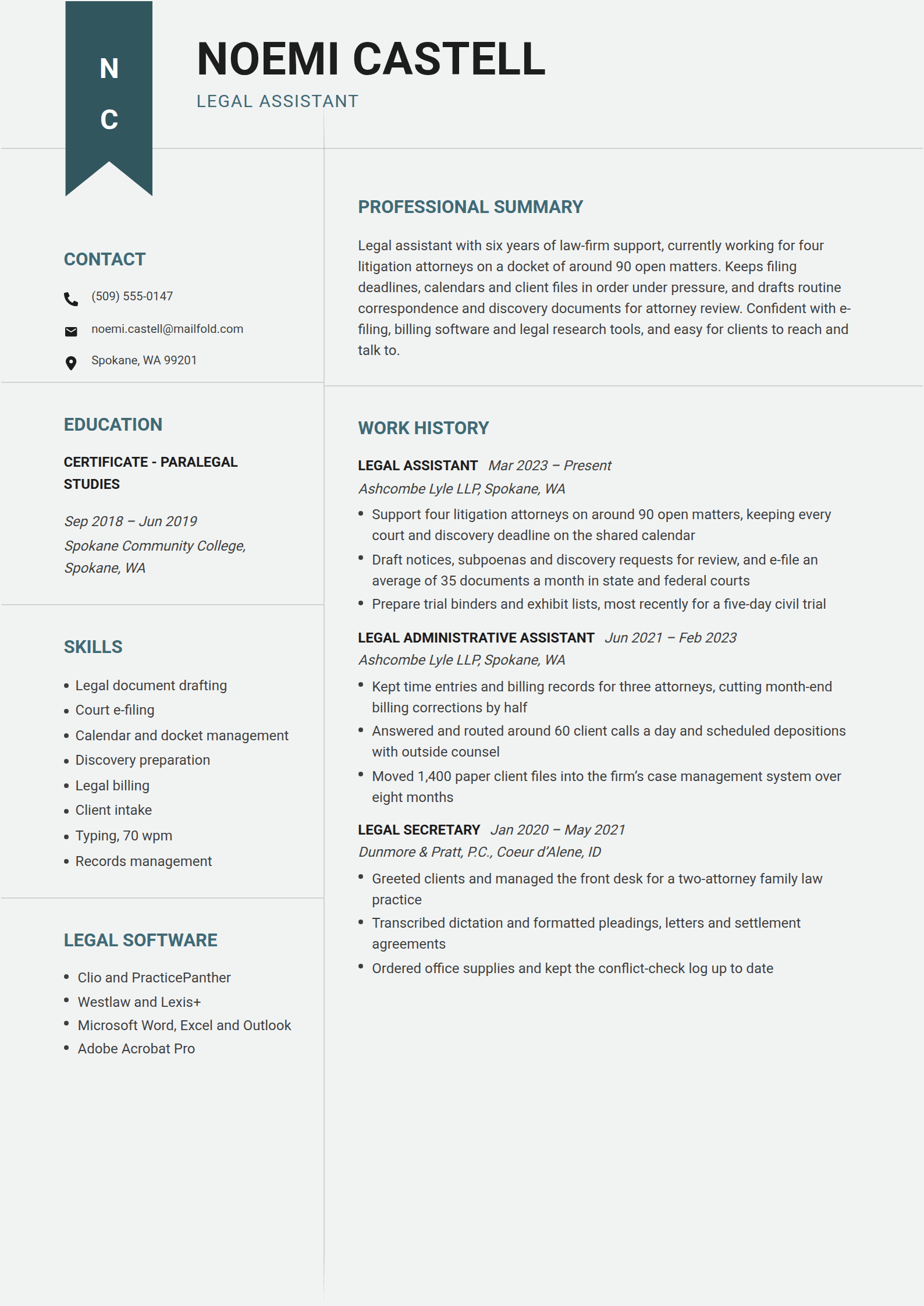Tassel resume template: A slate teal bookmark with stacked initials hanging from the top edge, beside a bold capital name, over a page ruled into cells