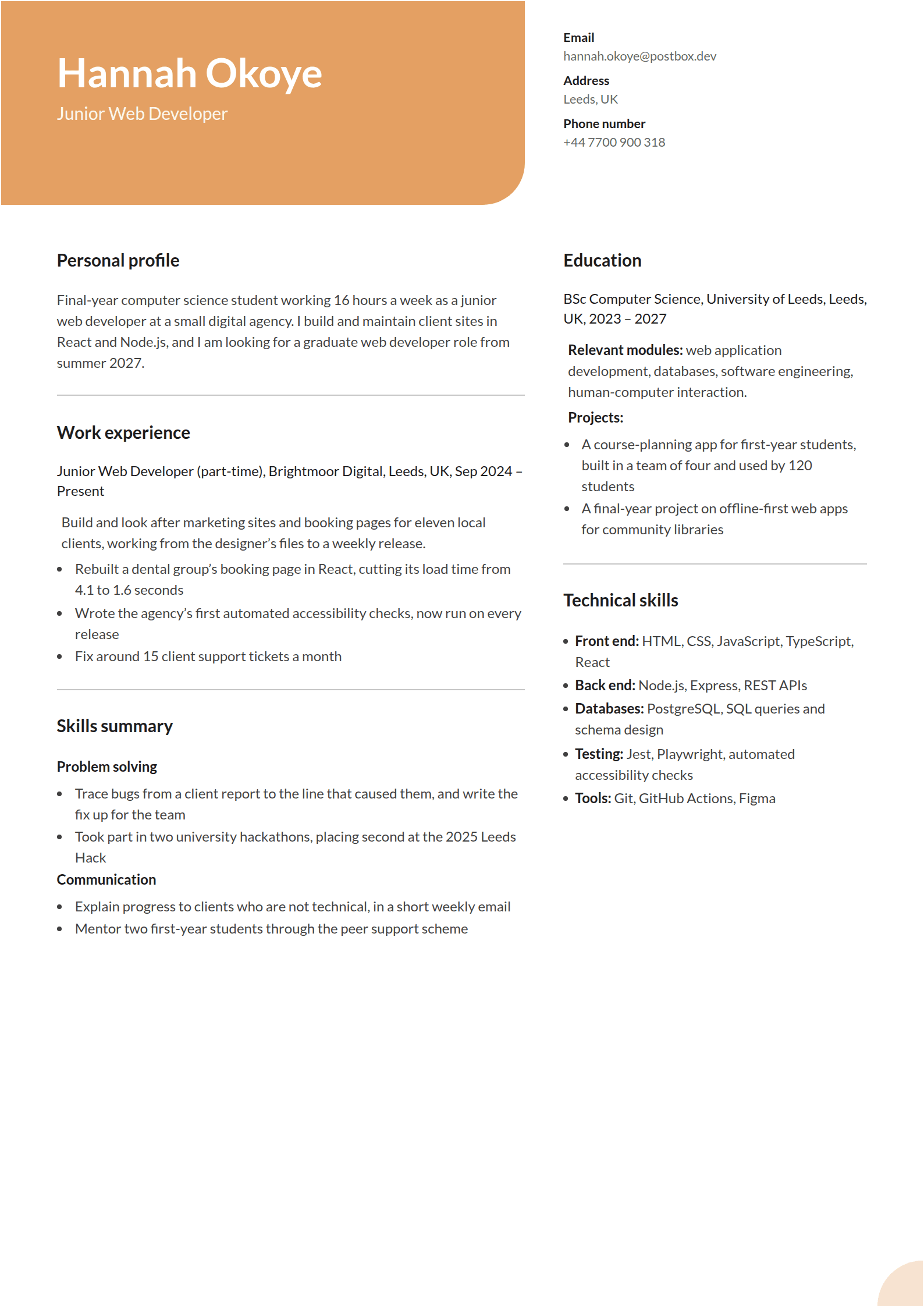 Tawny resume template: A caramel name block with a rounded corner beside labelled contact lines, over two plain columns divided by thin rules