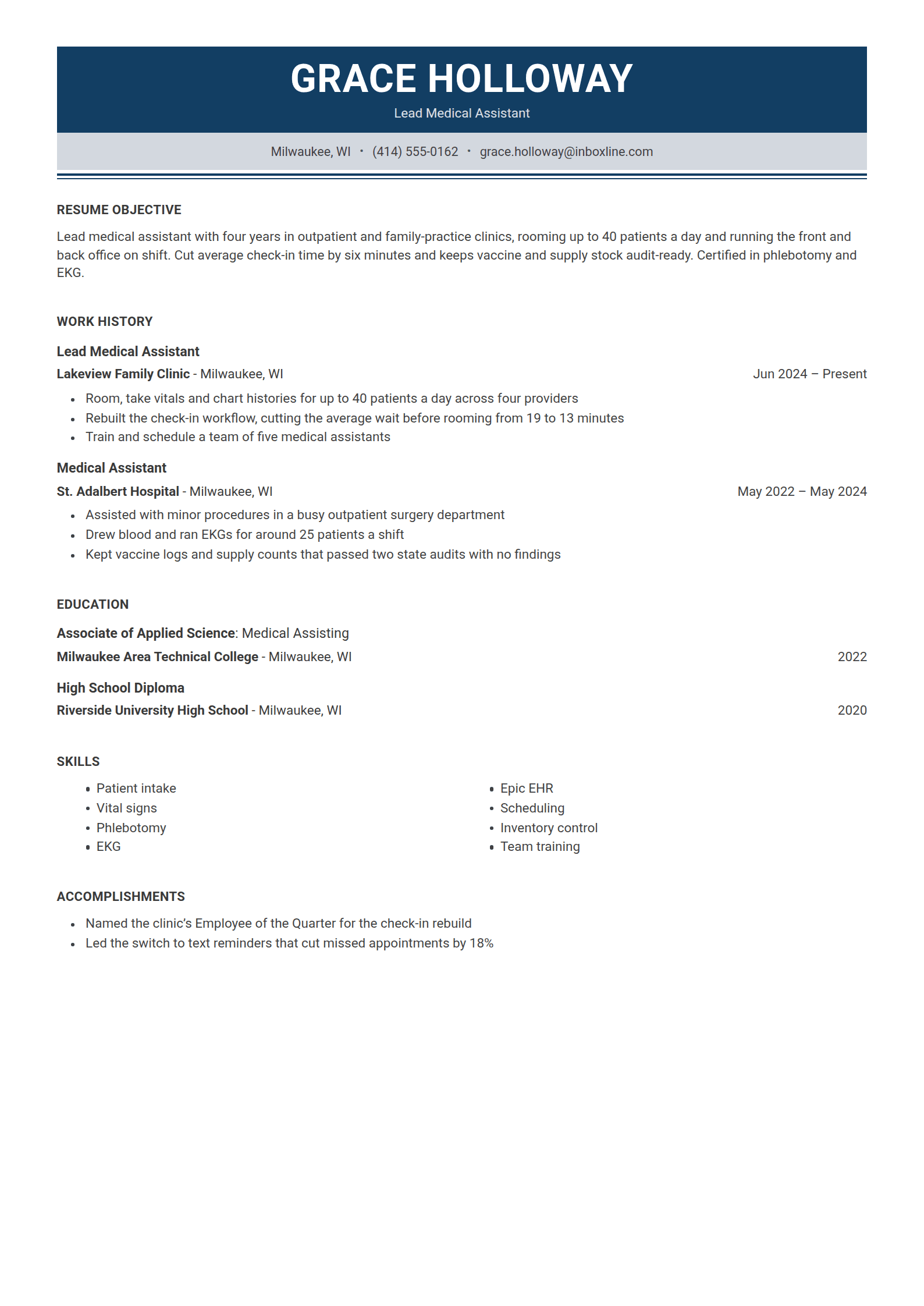 Tenet resume template: A navy band with the name centred in white capitals, a pale contact band beneath, and plain capital headings