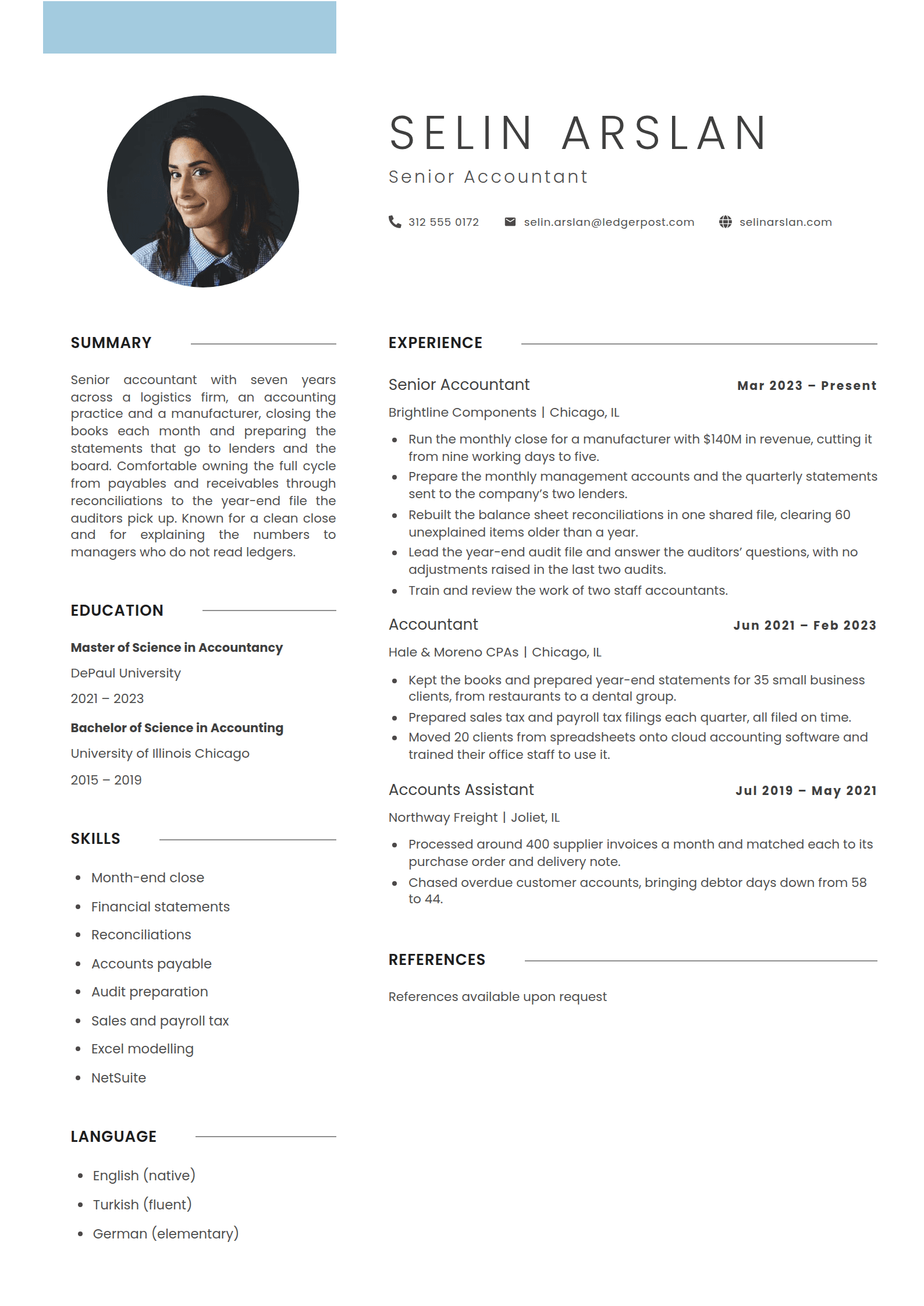 Tern resume template: A pale blue tab over a round photo, a name in wide-spaced light capitals, and bold headings each followed by a thin grey rule