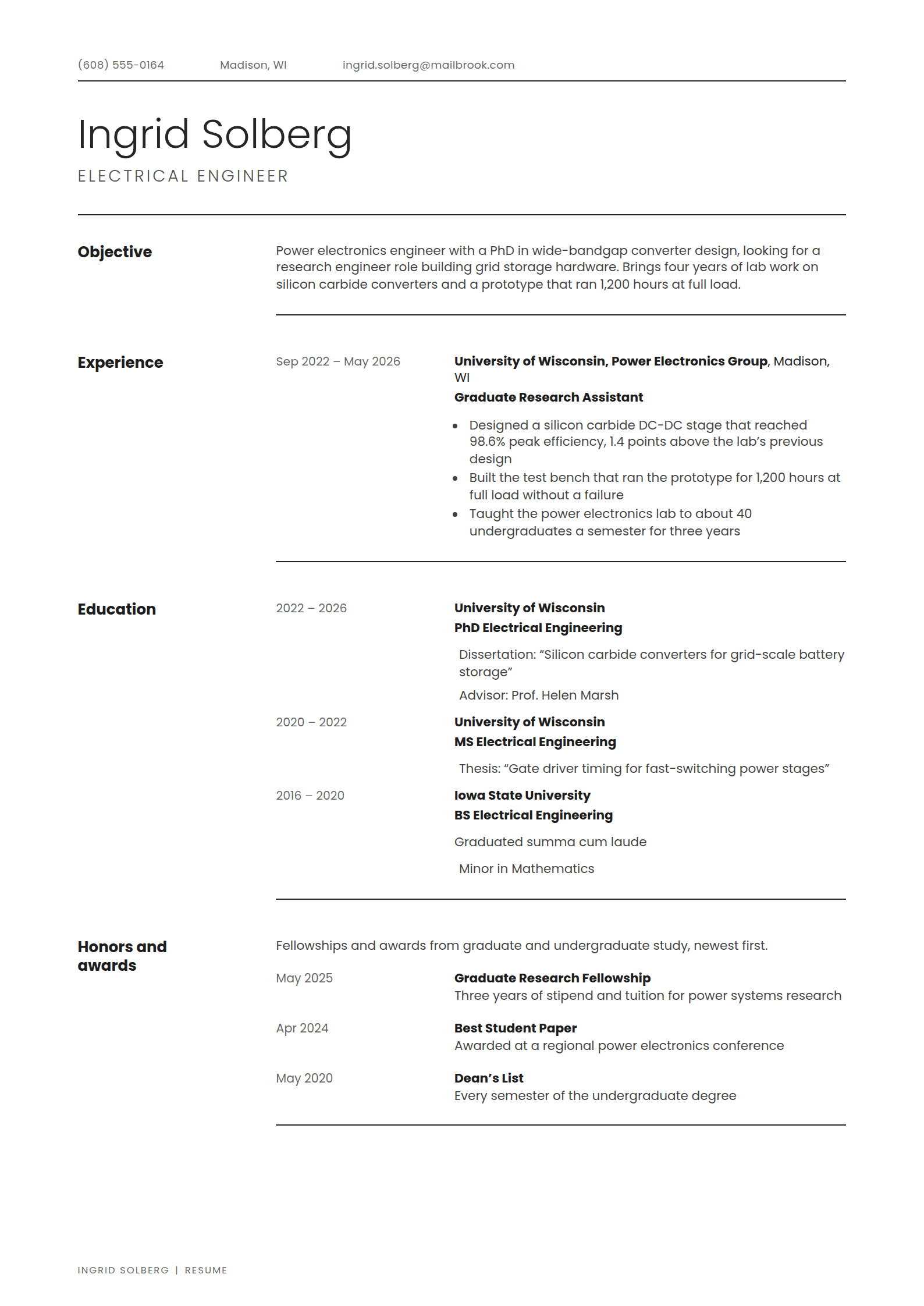 Thesis resume template: A word-processor resume with bold labels in the margin, a thin rule under every section and dates in a column of their own