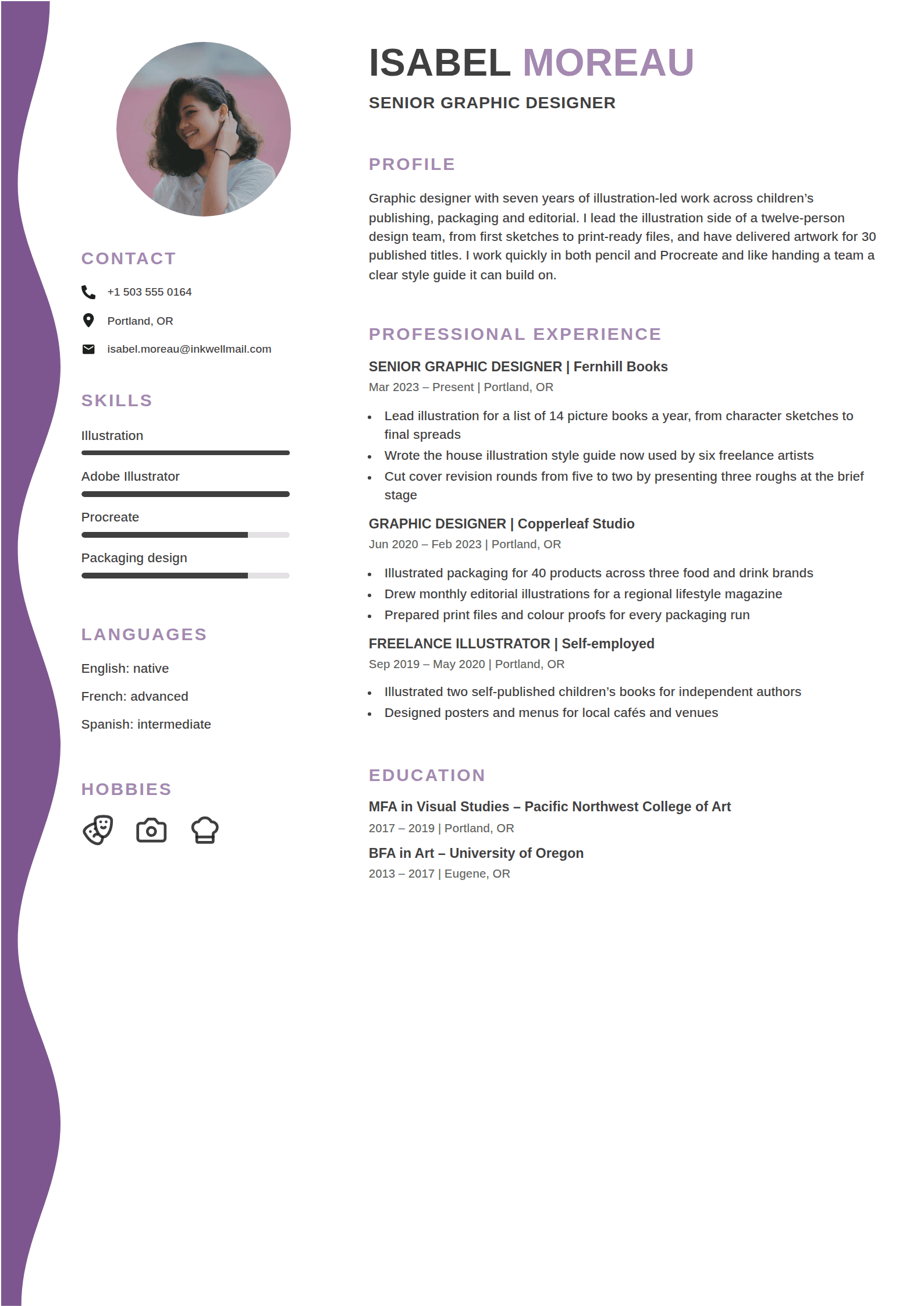 Thistle resume template: A white page with a purple wave down its left edge, a round photo over a narrow column and lavender headings with no rules