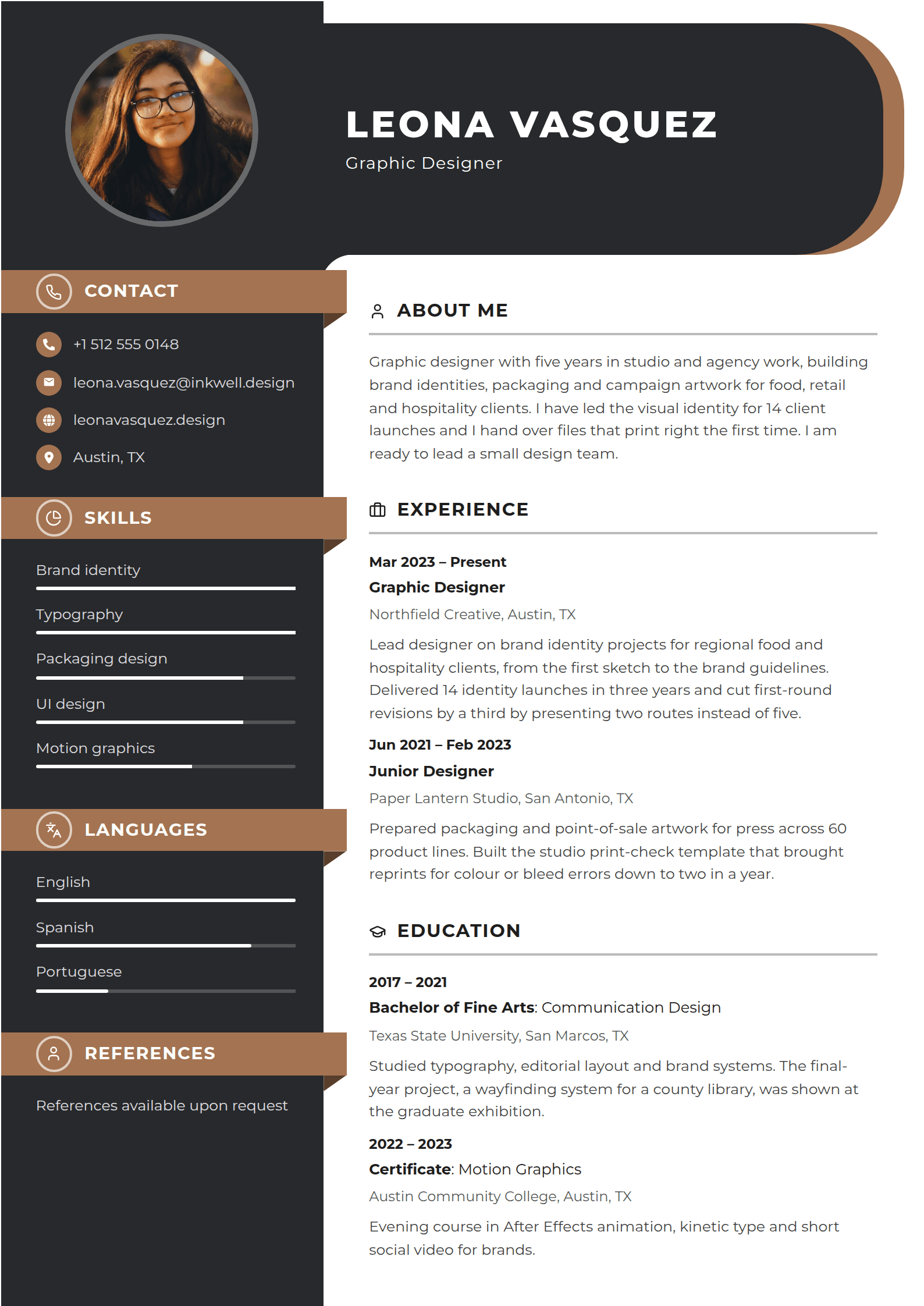 Umber resume template: A charcoal frame of column and rounded head band around a white page, with copper ribbon headings that wrap the column edge