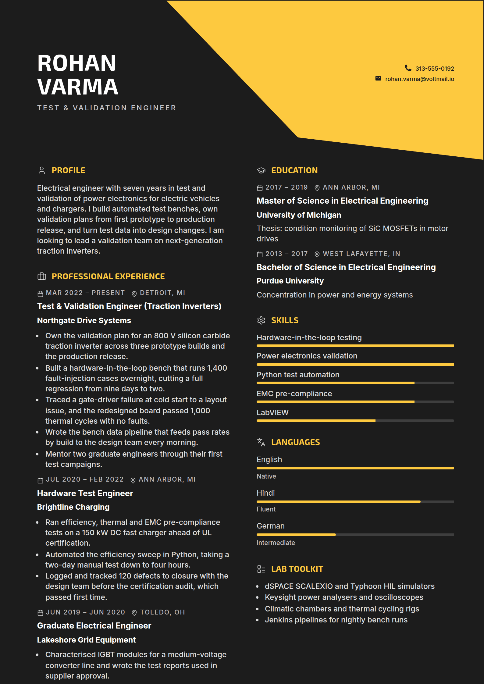 Volt resume template: A near-black page cut by two angled yellow plates, heavy grey capitals for the name and yellow icon headings