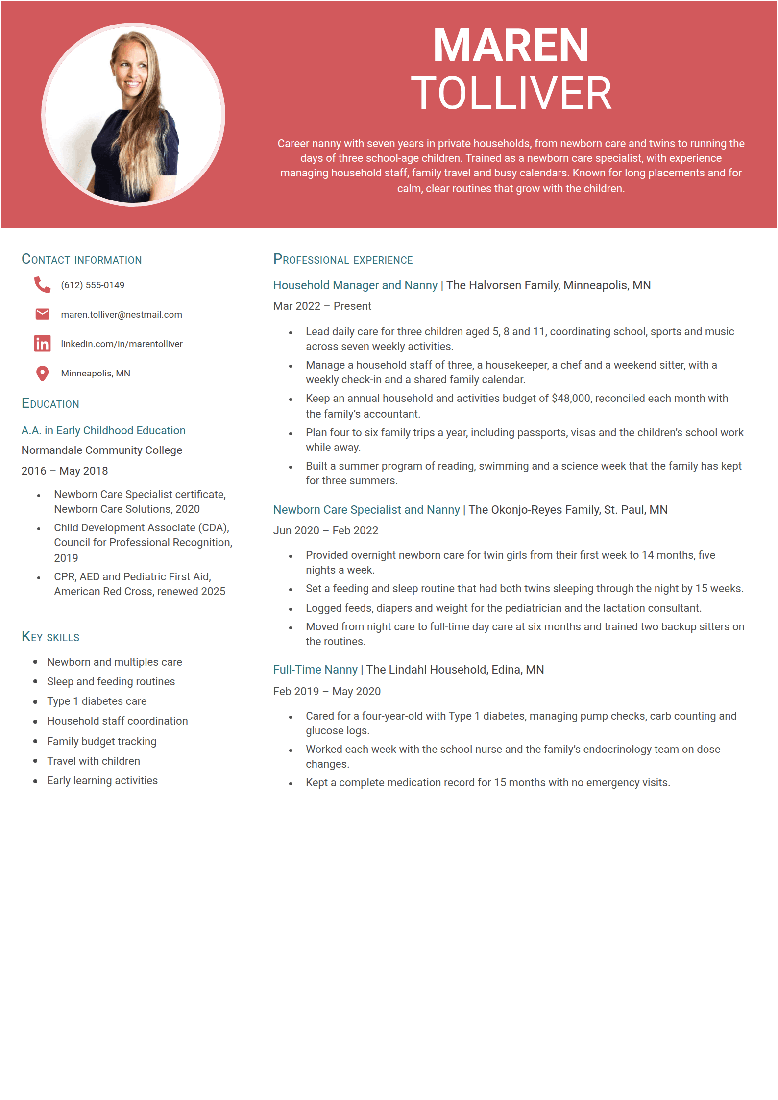 Wren resume template: A coral head band with a ringed round photo, a two-weight capital name over the profile, and teal small capital headings