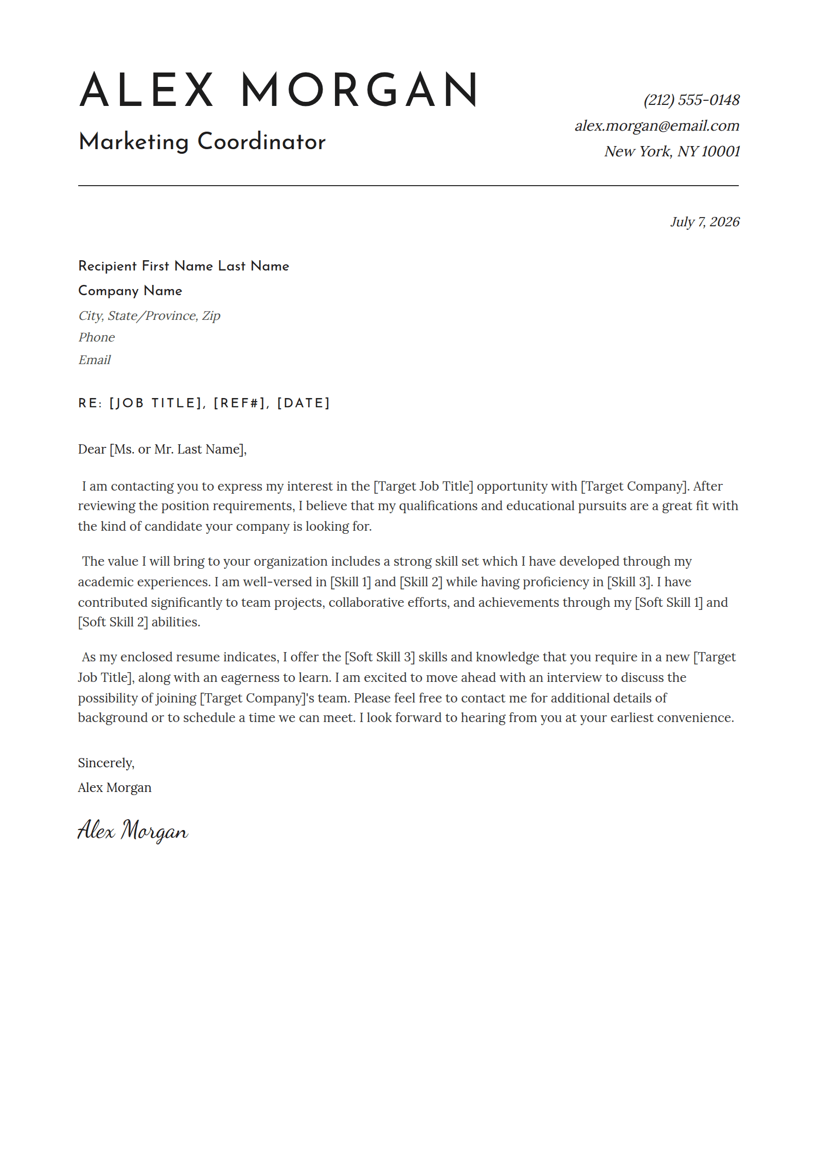 Atelier cover letter template: Spaced sans capitals over an italic serif letter.