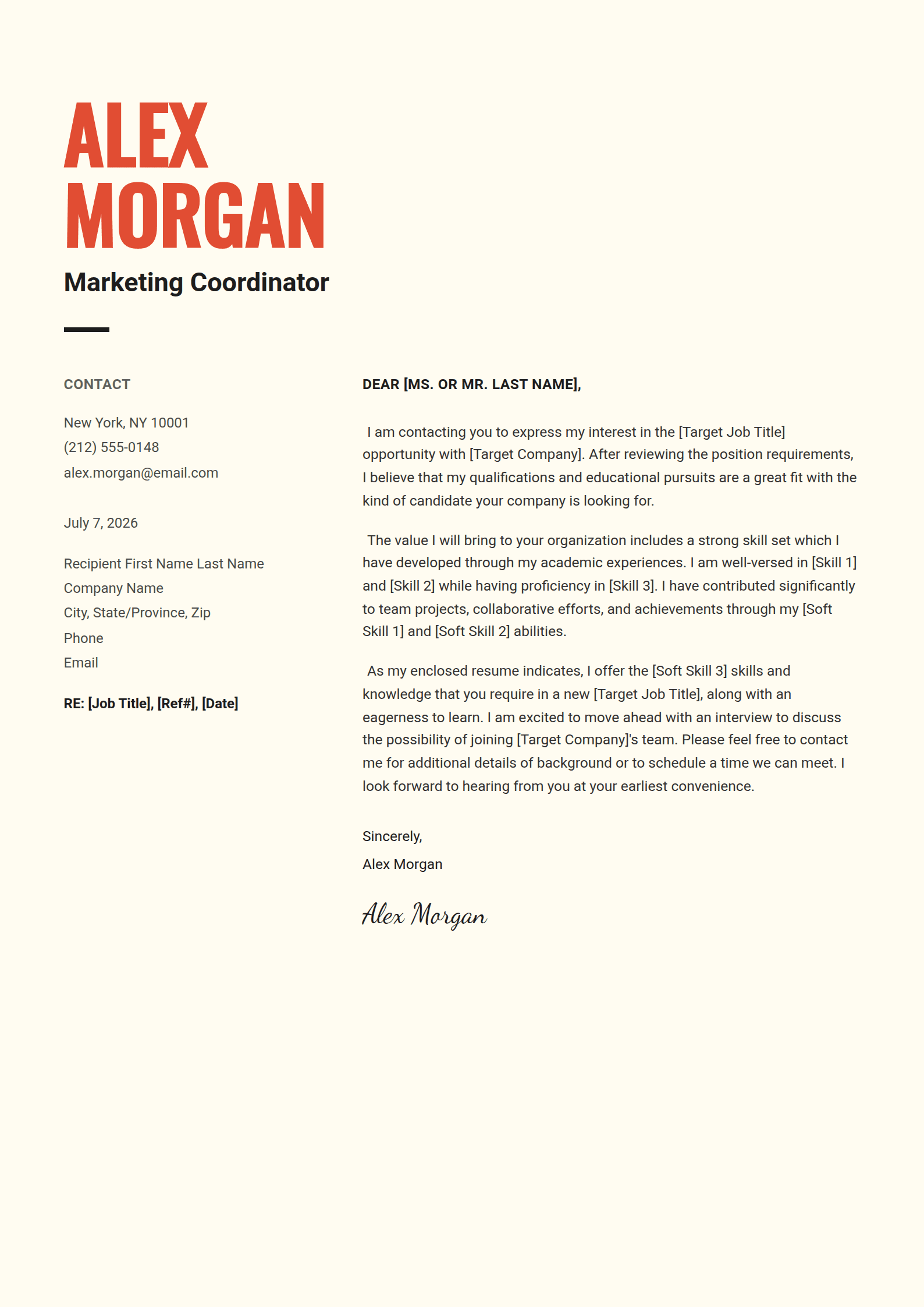 Bistro cover letter template: Heavy condensed capitals on a cream page.