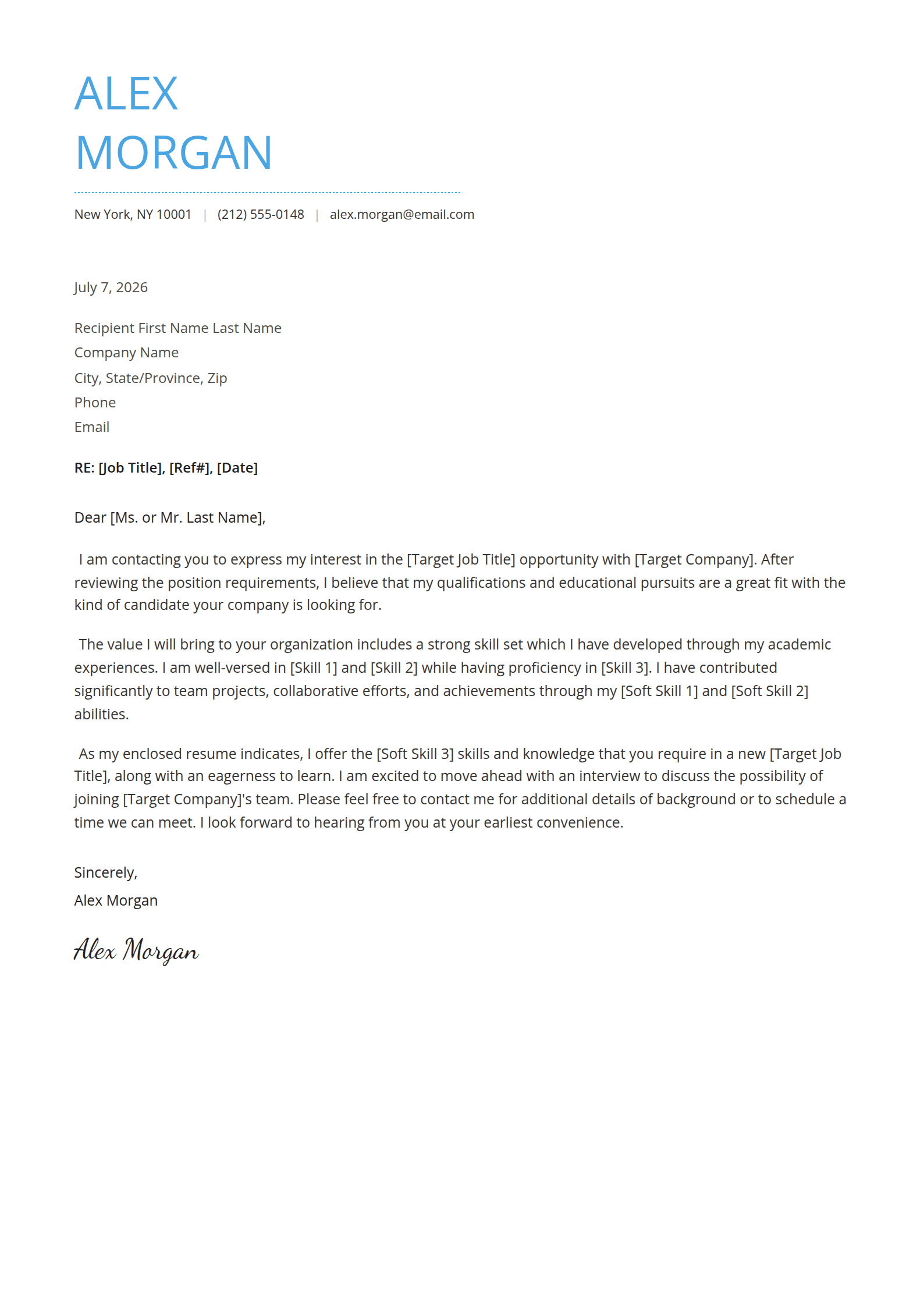 Breeze cover letter template: A light name in your colour over a dotted rule.