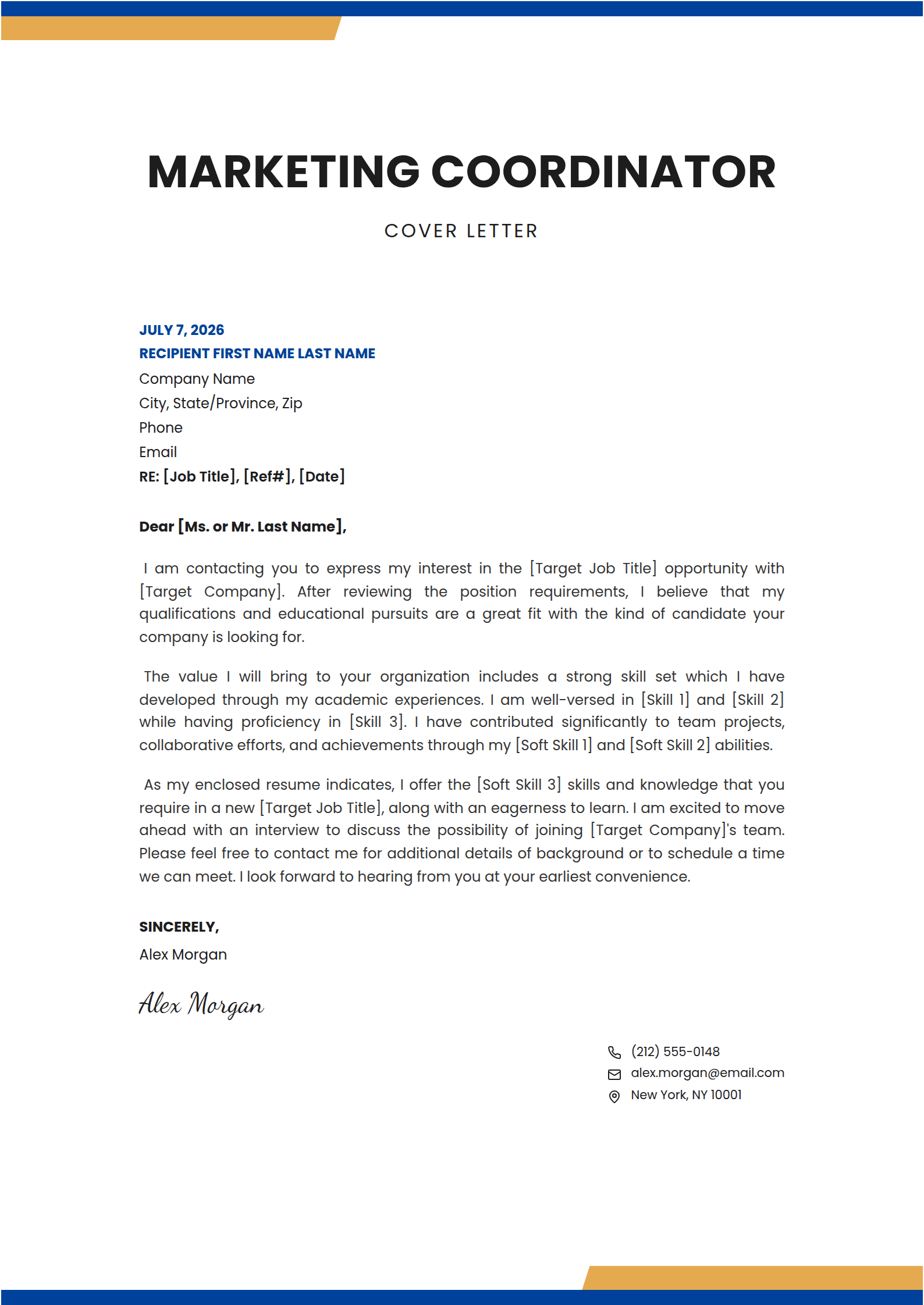 Bulletin cover letter template: Your job title as the headline, framed by bands at top and foot.