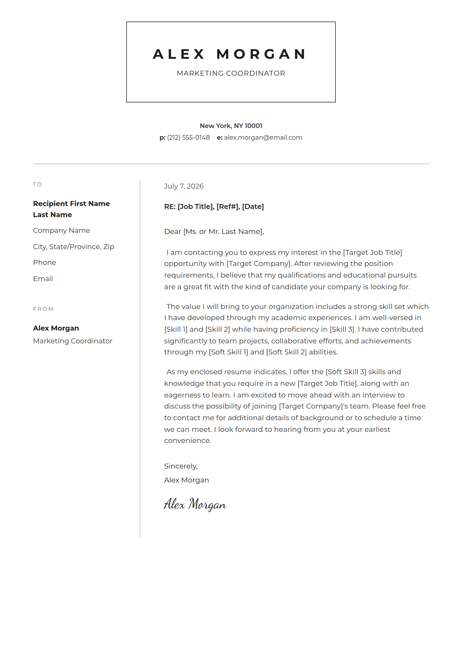 Bureau cover letter template: A framed name over a letter addressed like a memo.