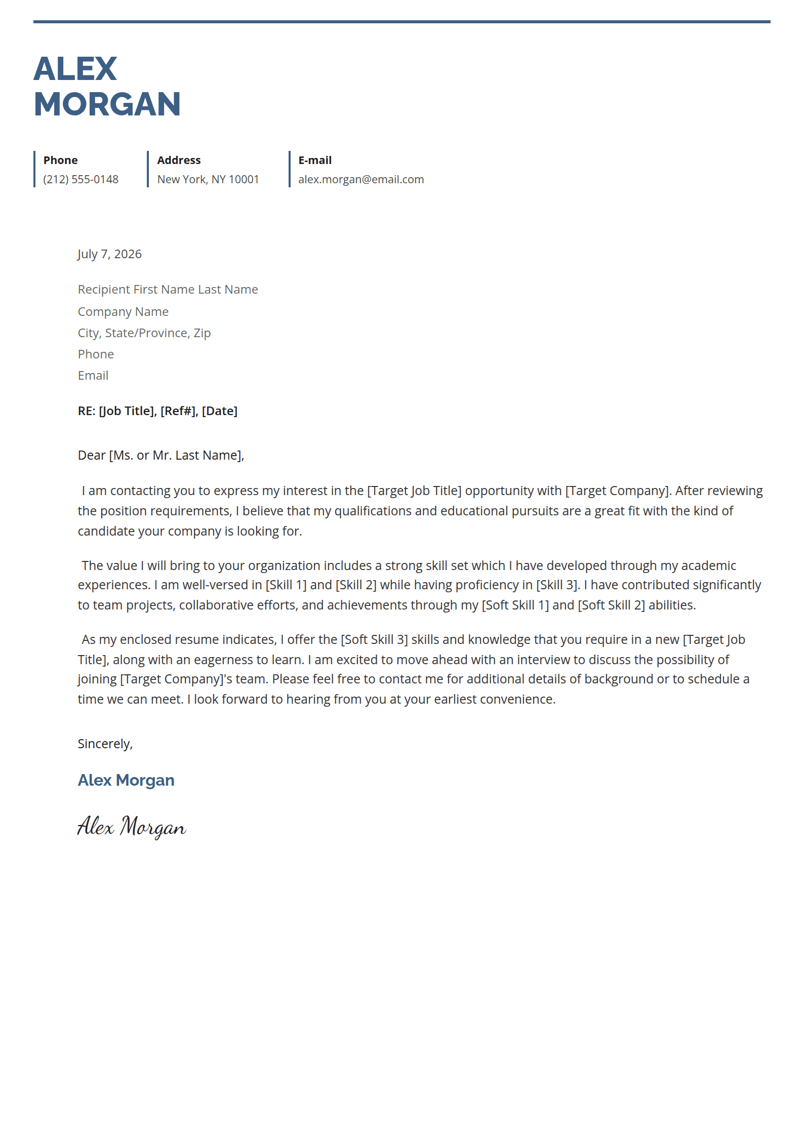 Cadence cover letter template: Your contact details in labelled cells under a name in colour.