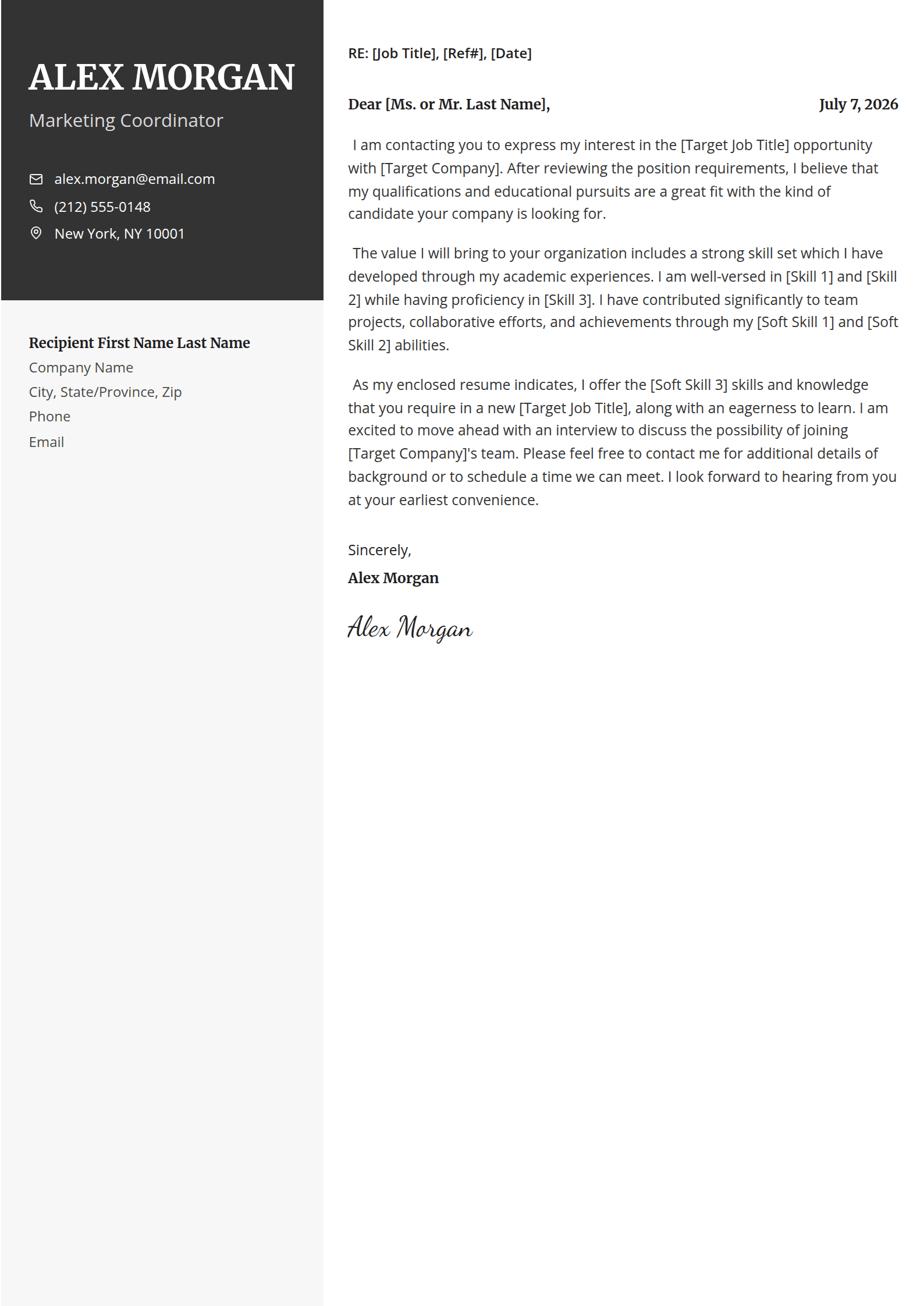 Charter cover letter template: A dark name block over a pale sidebar.
