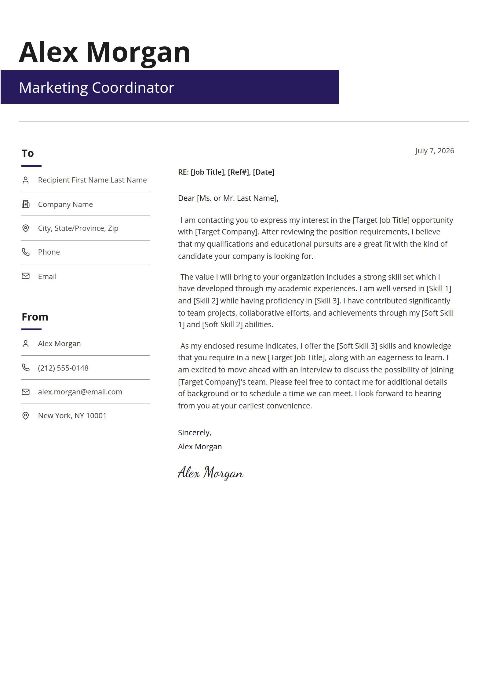 Courier cover letter template: To and From blocks beside the letter, under a title band.