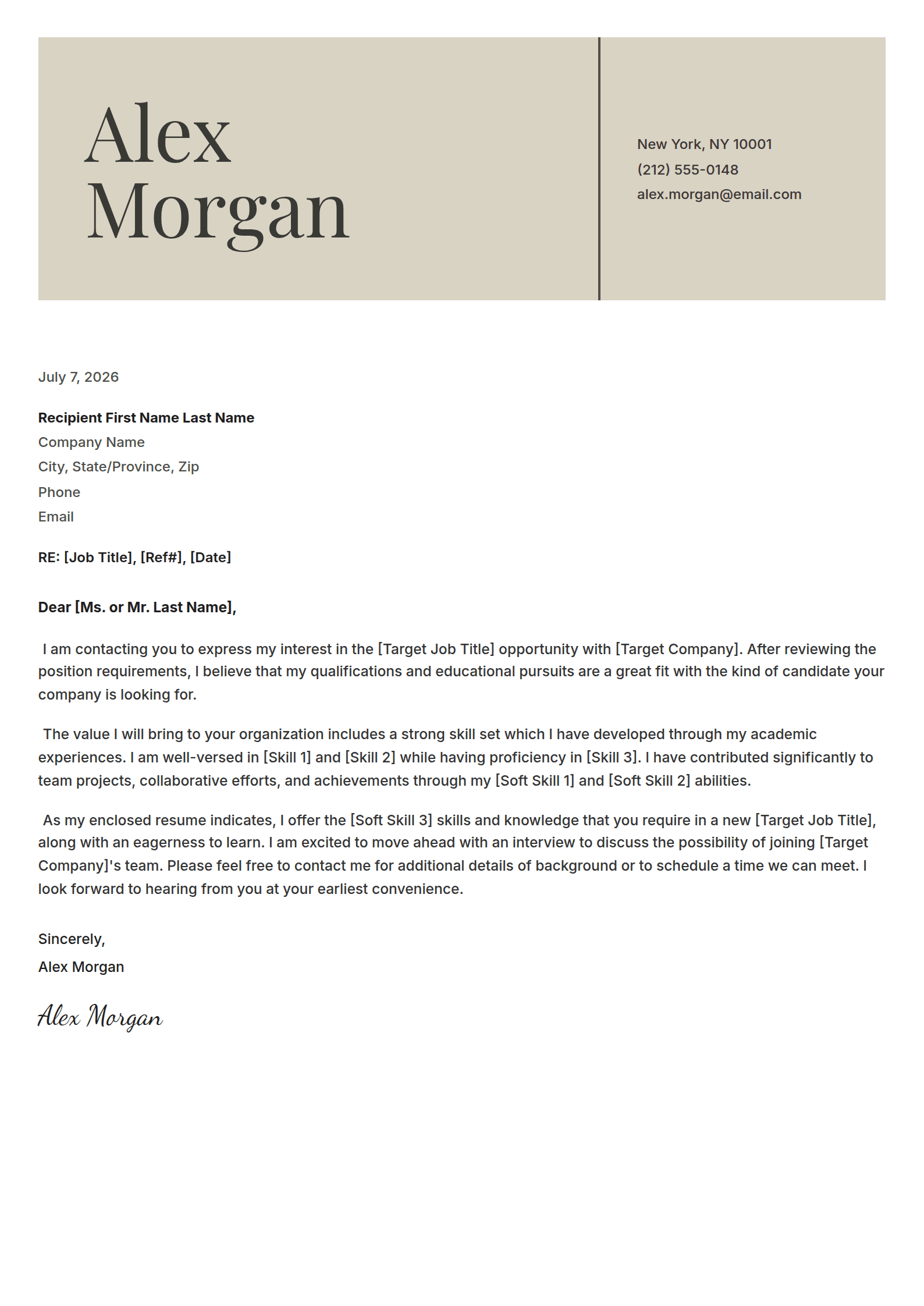 Dais cover letter template: A large serif name on a soft panel, with the contact set beside it.