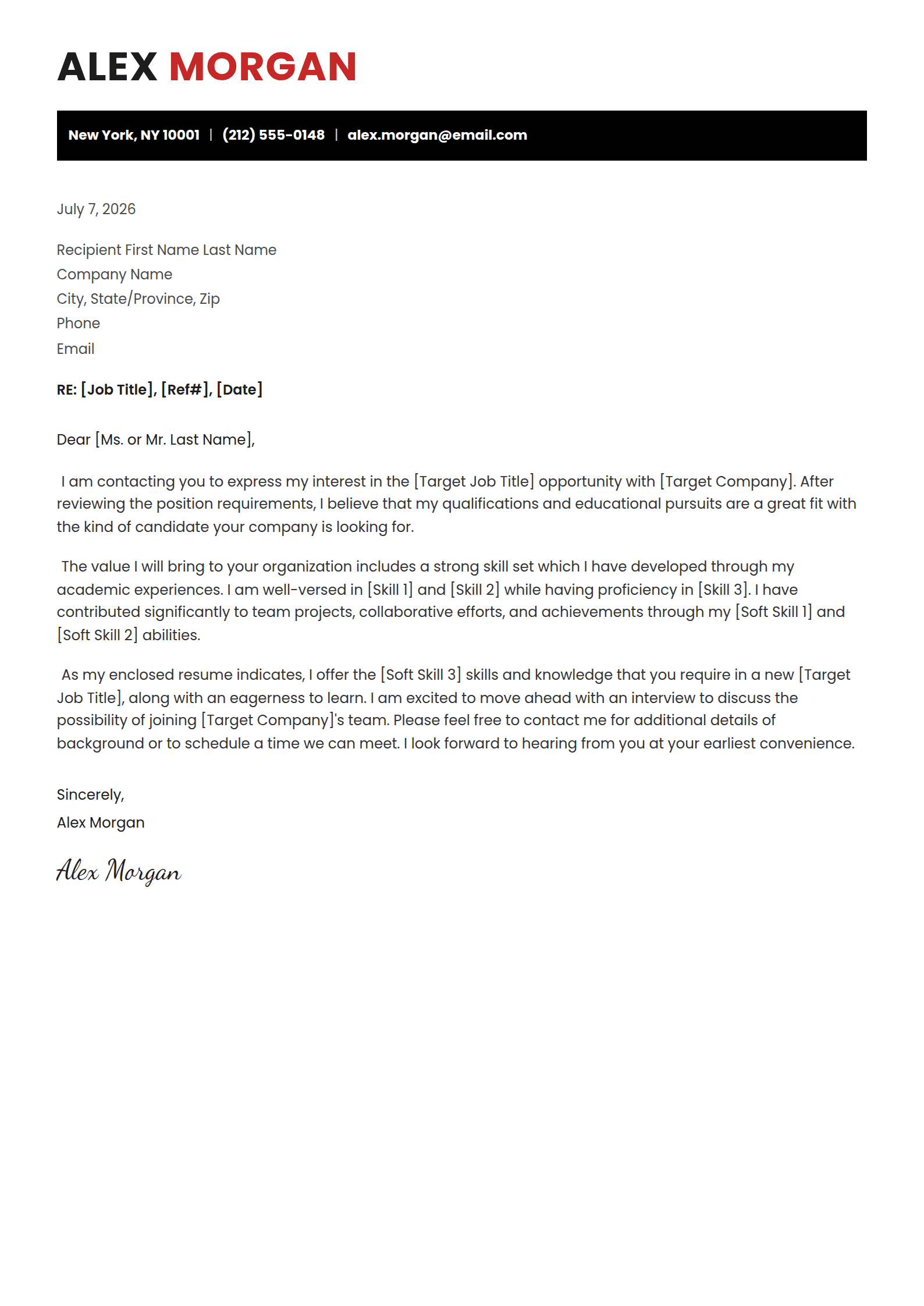 Dispatch cover letter template: A two-tone capital name over a solid contact bar.