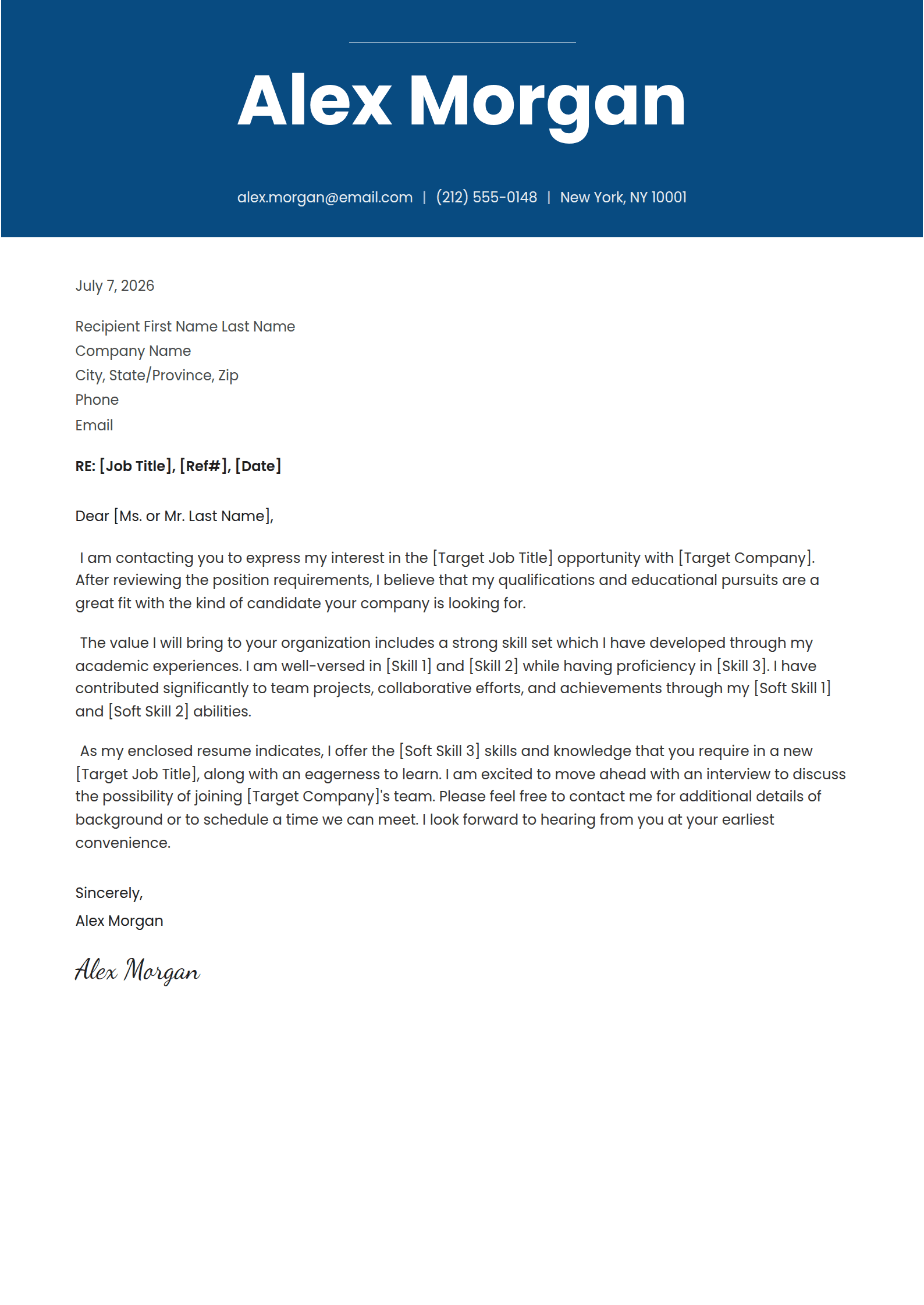Ensign cover letter template: A bold sans-serif name in a deep colour band.
