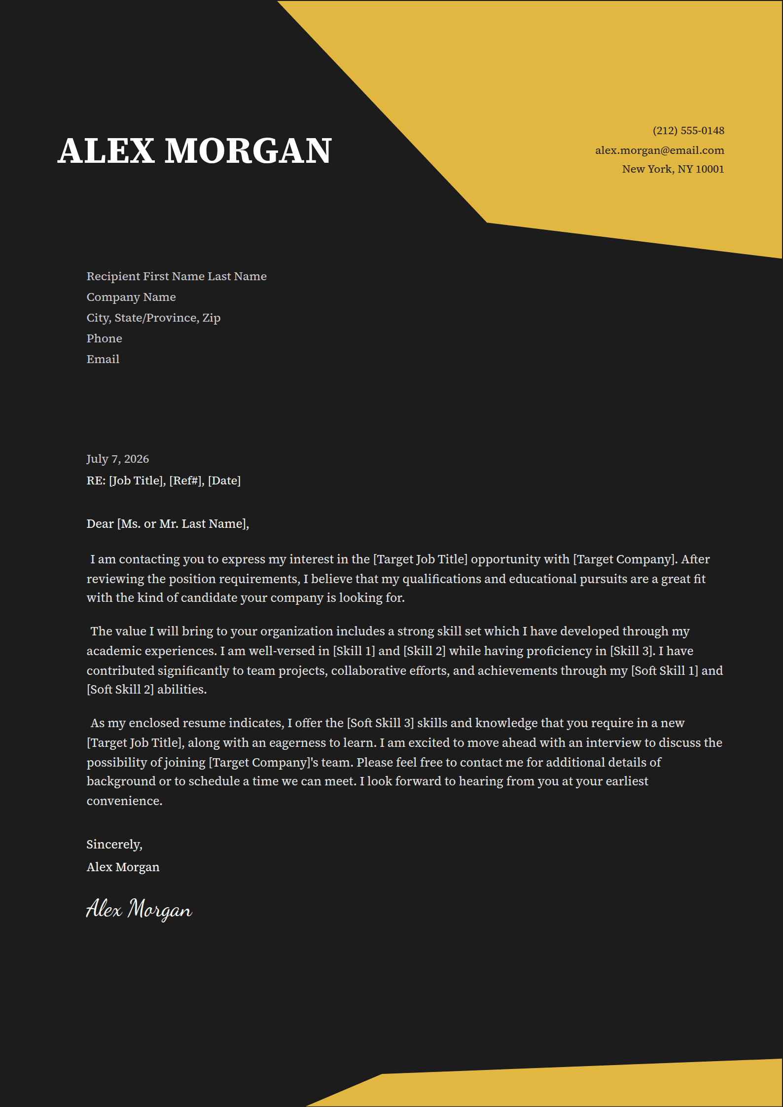 Facet cover letter template: Angled gold plates on a near-black page.