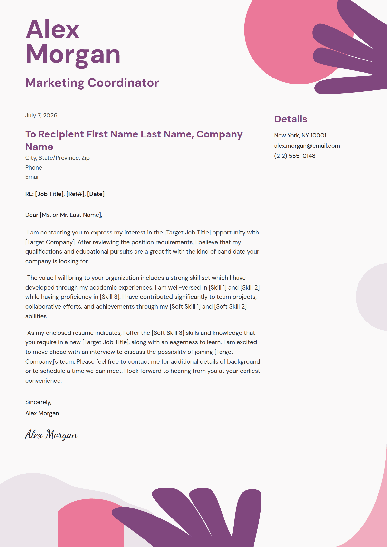 Frond cover letter template: Paper cut-out fronds in pink and purple around a blush page.