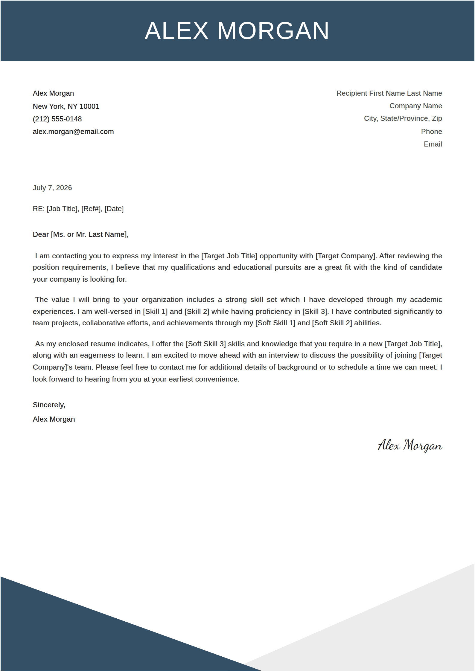 Gable cover letter template: A slate band over two address blocks and angled corners.