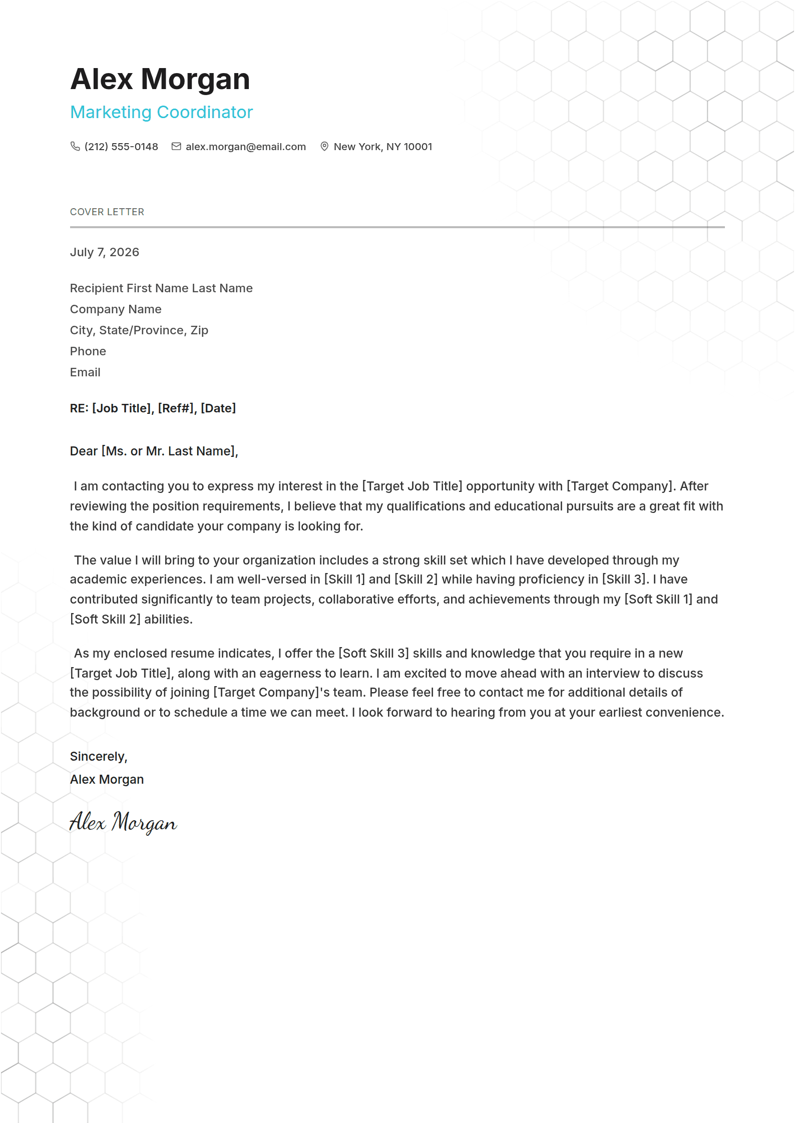 Honey cover letter template: A faint honeycomb behind a clean, labelled letter.