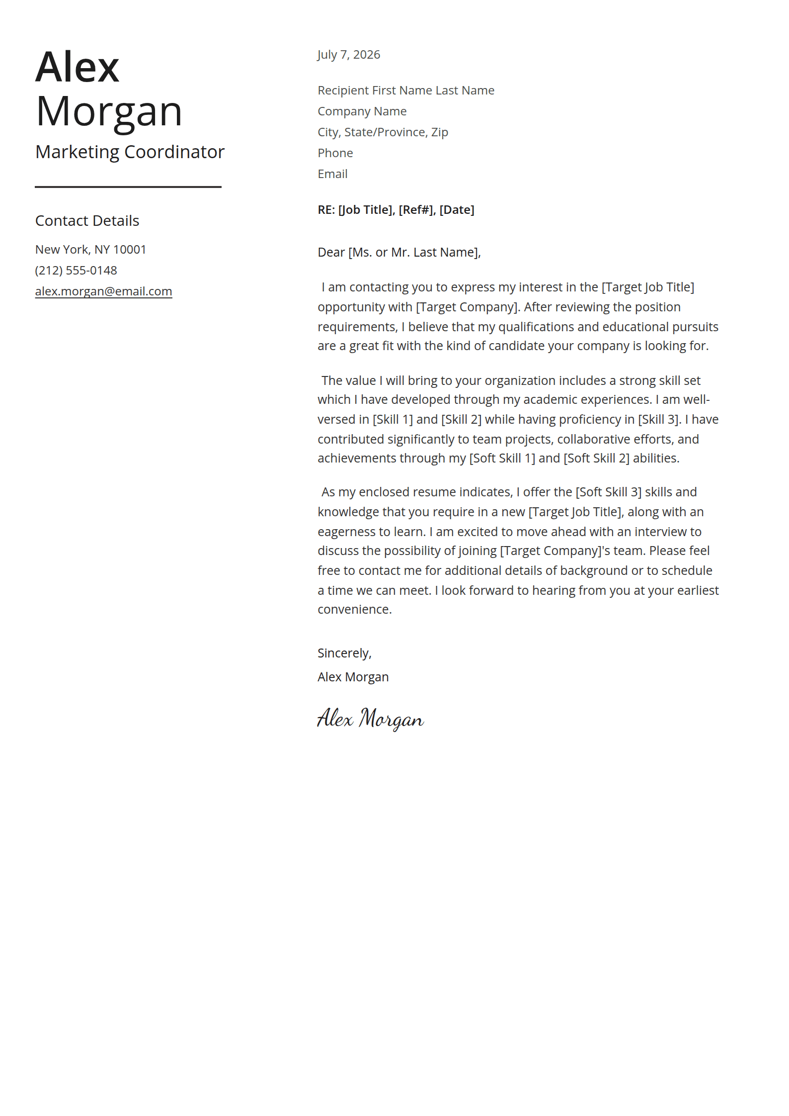 Lectern cover letter template: Your details in a quiet left column, the letter beside them.