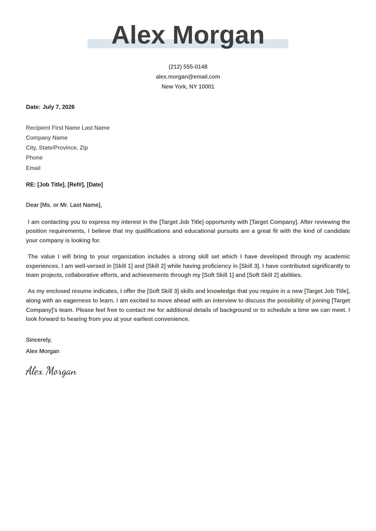Marker cover letter template: A bold name over a highlighter stroke.