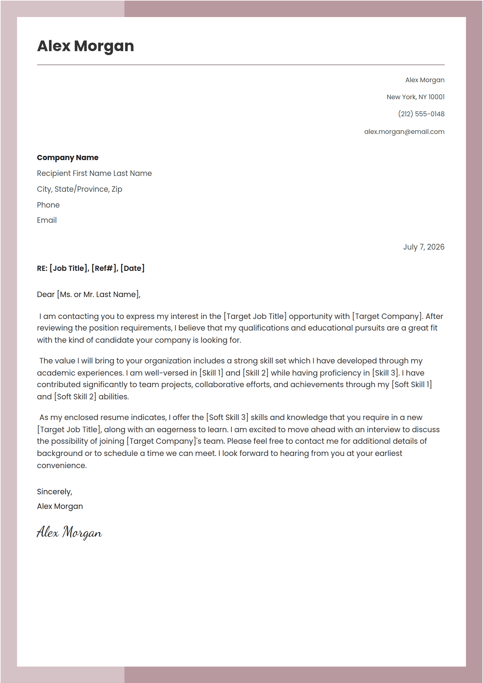 Matte cover letter template: A letter mounted in a broad two-tone frame.
