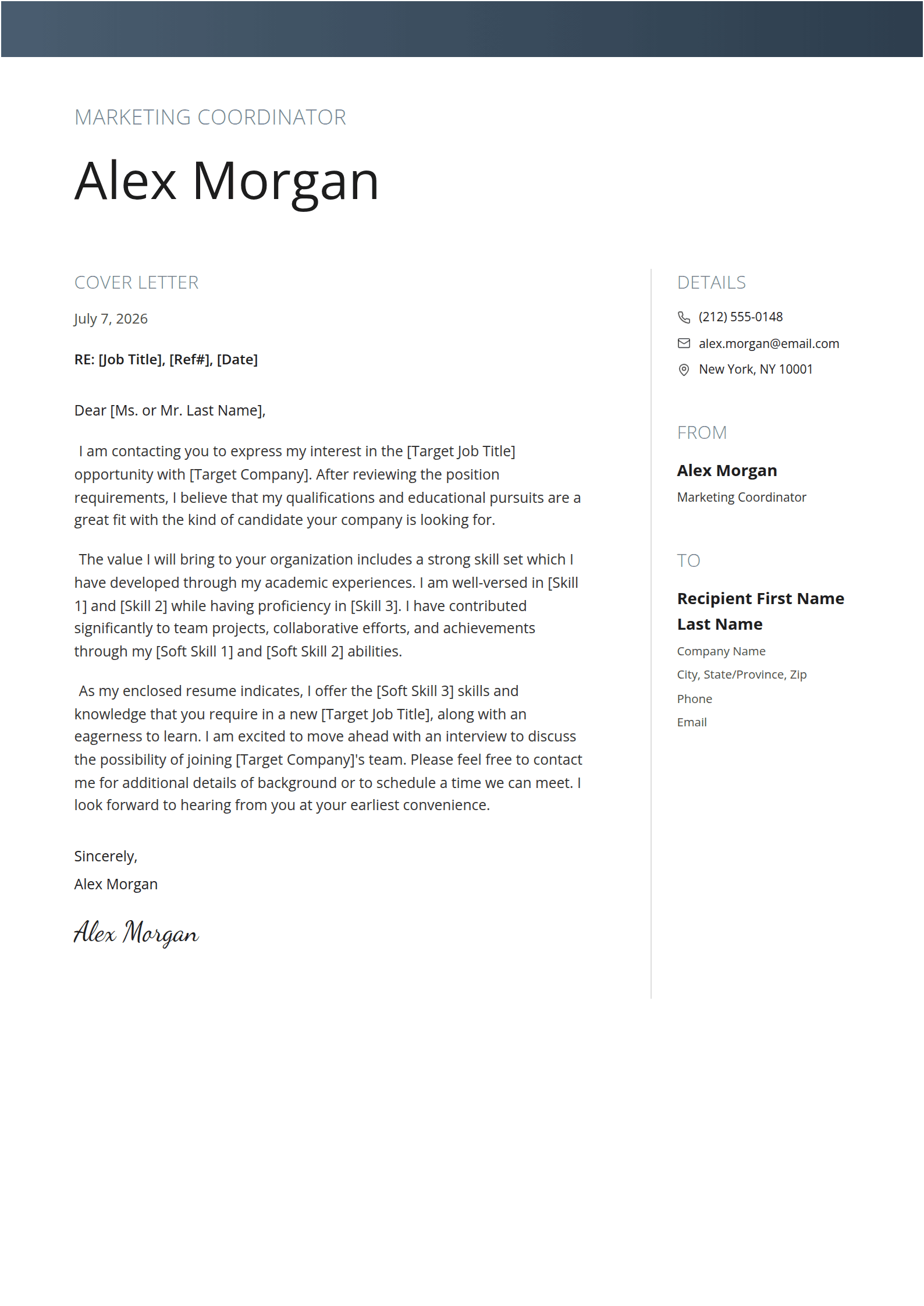 Memoir cover letter template: A slate band, a labelled letter and a ruled sidebar.