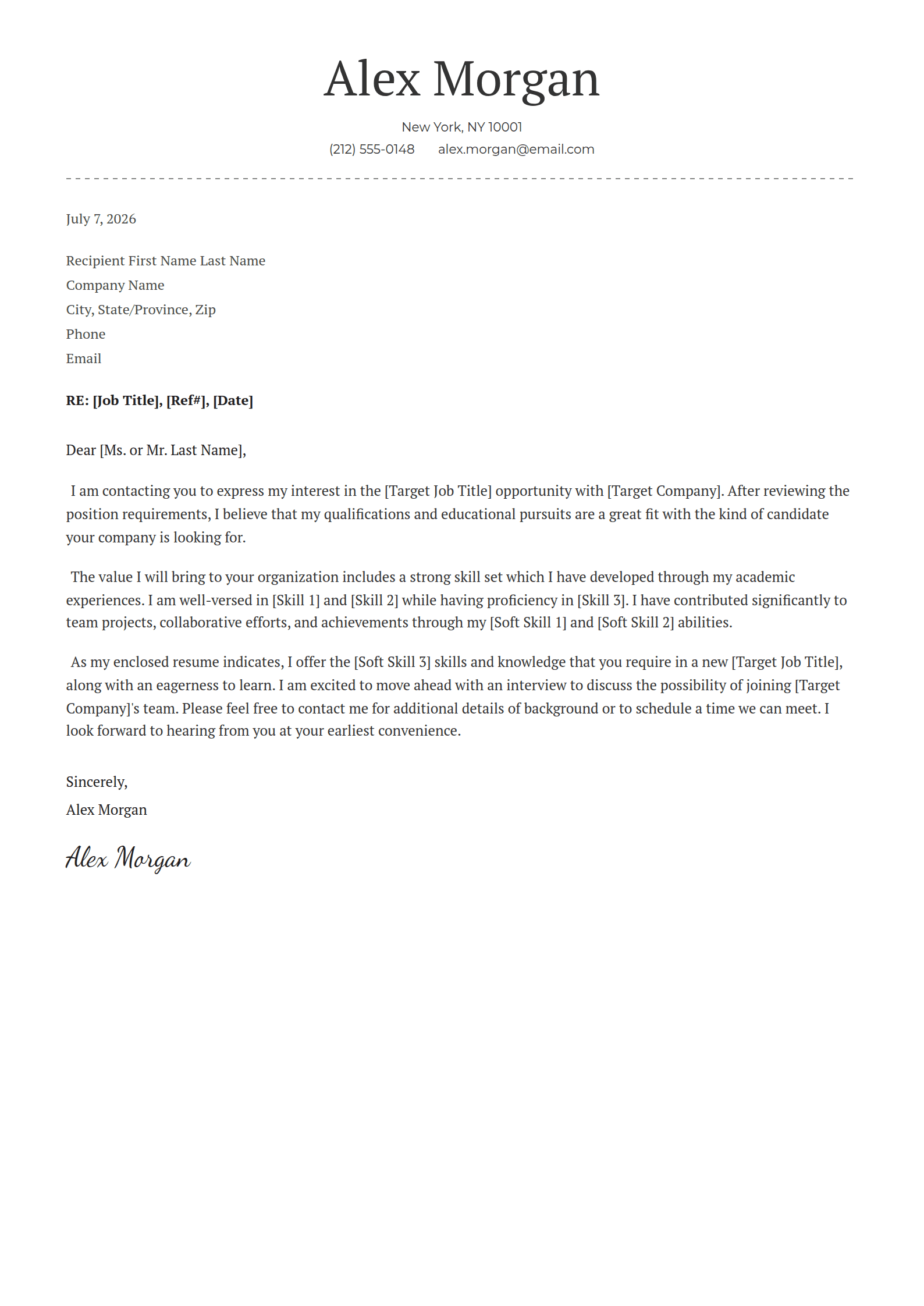 Missive cover letter template: A centred serif name over a dashed rule.