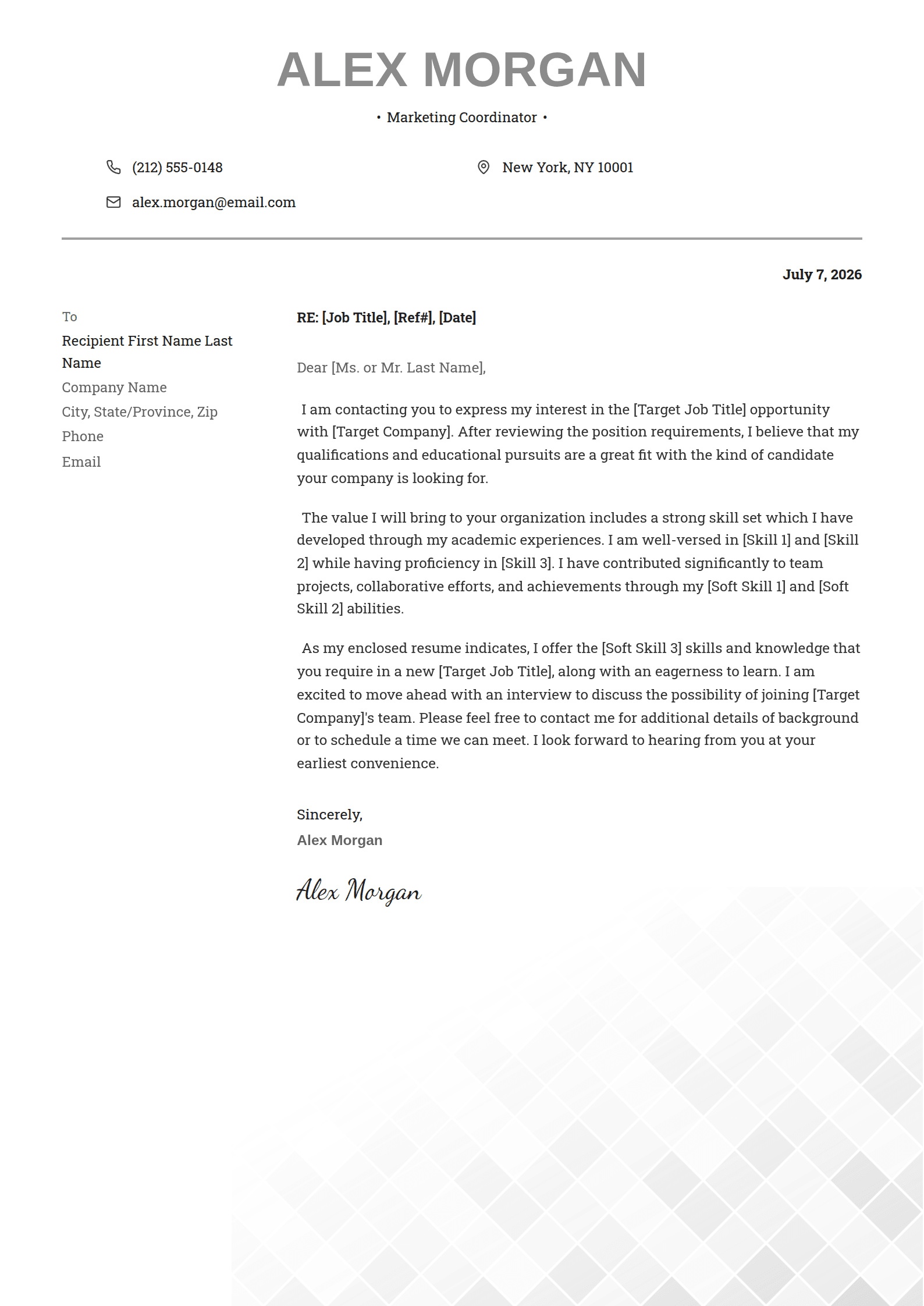 Notary cover letter template: A grey capital title over a ruled contact grid.