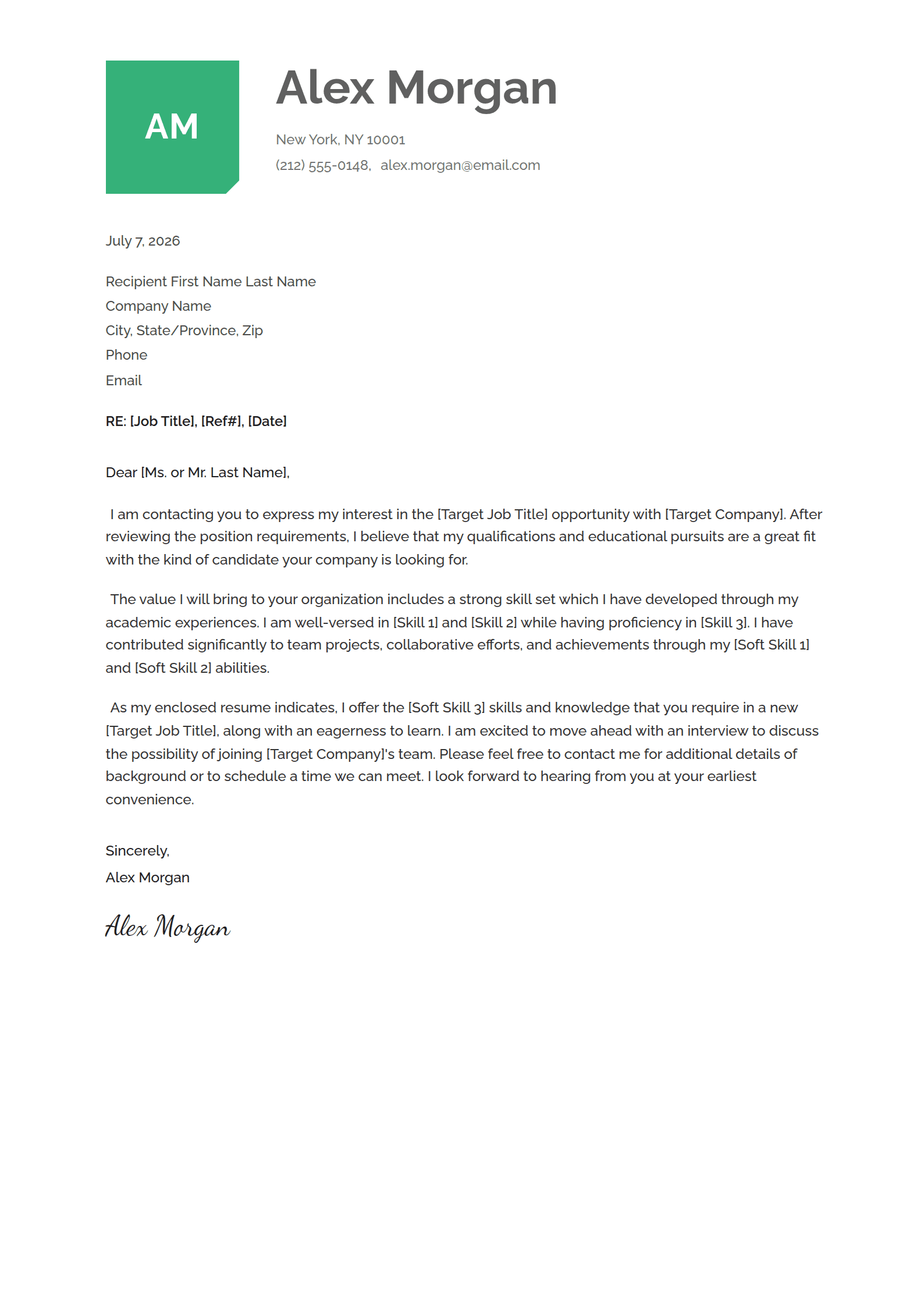 Notch cover letter template: Your initials on a square tile with a clipped corner.