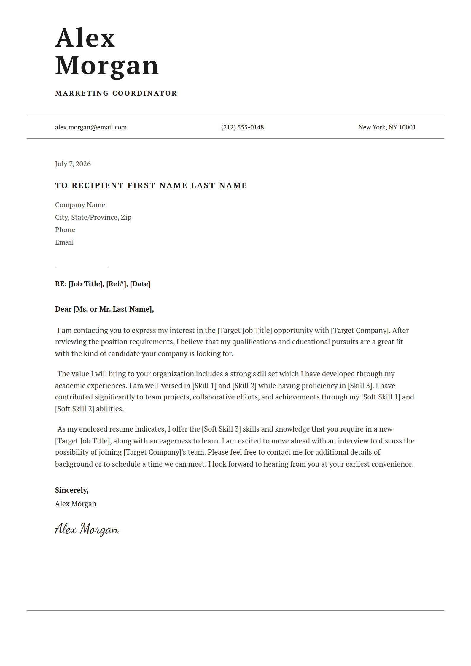 Octavo cover letter template: A bookish serif letter with its contact details set between two rules.