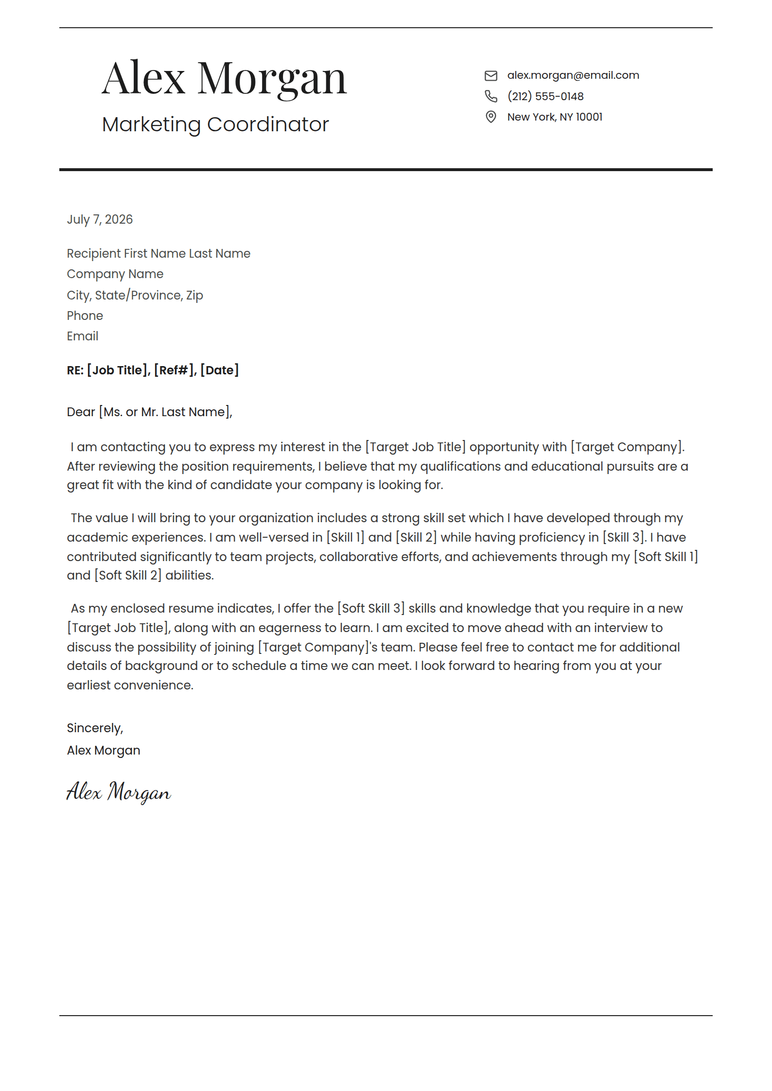 Plinth cover letter template: A light serif name resting on a heavy rule.